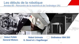 Les débuts de la robotique
Années 60 - Rencontre de la machine et de l’ordinateur (IA)
Robot PUMA
General Motors
Ordinateur IBM 350Robot Unimate
G. Devol et J. Engelberger
 