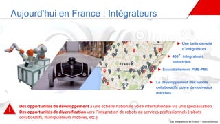 Aujourd’hui en France : Intégrateurs
Les intégrateurs en France – source Symop
 Une belle densité
d’intégrateurs
 400+ intégrateurs
industriels
 Essentiellement PME-PMI.
 Le développement des robots
collaboratifs ouvre de nouveaux
marchés !
!
Des opportunités de développement à une échelle nationale voire internationale via une spécialisation
Des opportunités de diversification vers l’intégration de robots de services professionnels (robots
collaboratifs, manipulateurs mobiles, etc.)
 
