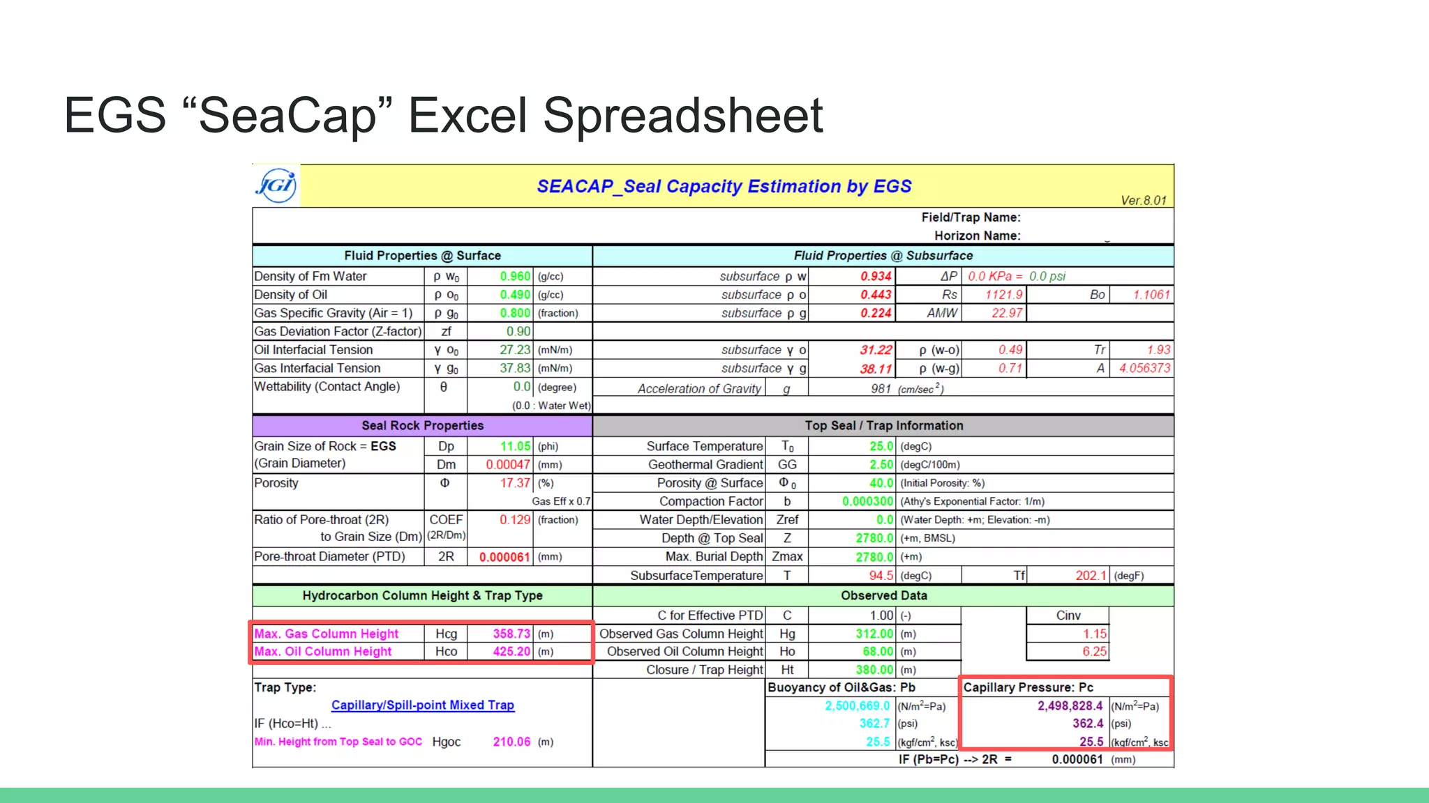 EGS “SeaCap” Excel Spreadsheet
 
