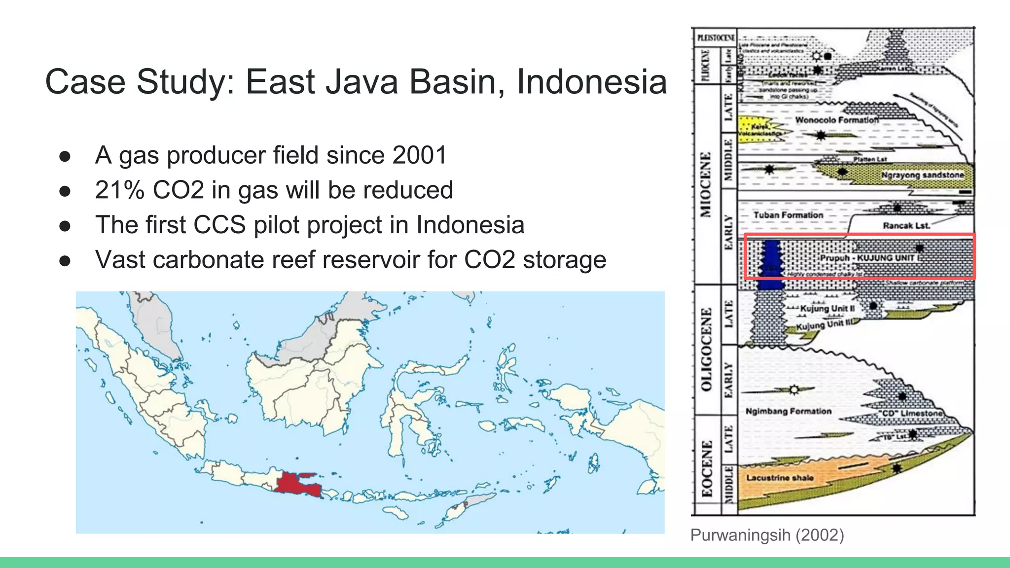 Case Study: East Java Basin, Indonesia
● A gas producer field since 2001
● 21% CO2 in gas will be reduced
● The first CCS pilot project in Indonesia
● Vast carbonate reef reservoir for CO2 storage
Purwaningsih (2002)
 