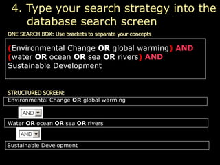 ONE SEARCH BOX: Use brackets to separate your concepts
STRUCTURED SCREEN:
(Environmental Change OR global warming) AND
(water OR ocean OR sea OR rivers) AND
Sustainable Development
4. Type your search strategy into the
database search screen
Environmental Change OR global warming
Water OR ocean OR sea OR rivers
Sustainable Development
 