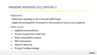 PANDEMIC RESPONSE ECCL (OPTION 1)
• Objectives:
• Make ECCL available to all in line with ESM Treaty
• Apply the existing ...
