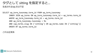 タグとして sitting を指定すると…
生成されるSQL文は下記
SELECT wp_term_taxonomy.term_id FROM wp_term_taxonomy
INNER JOIN wp_terms ON wp_term_taxonomy.term_id = wp_terms.term_id
WHERE wp_term_taxonomy.term_id = wp_terms.term_id
AND wp_term_taxonomy.taxonomy = %s
AND (wp_terms.slug IN ('sitting') OR wp_terms.name IN ('sitting'))
ORDER BY wp_terms.term_id
これは正常系
32
 