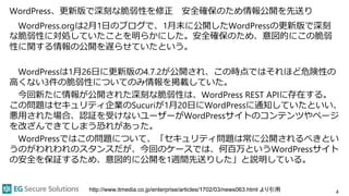WordPress、更新版で深刻な脆弱性を修正 安全確保のため情報公開を先送り
WordPress.orgは2月1日のブログで、1月末に公開したWordPressの更新版で深刻
な脆弱性に対処していたことを明らかにした。安全確保のため、意図的にこの脆弱
性に関する情報の公開を遅らせていたという。
WordPressは1月26日に更新版の4.7.2が公開され、この時点ではそれほど危険性の
高くない3件の脆弱性についてのみ情報を掲載していた。
今回新たに情報が公開された深刻な脆弱性は、WordPress REST APIに存在する。
この問題はセキュリティ企業のSucuriが1月20日にWordPressに通知していたといい、
悪用された場合、認証を受けないユーザーがWordPressサイトのコンテンツやページ
を改ざんできてしまう恐れがあった。
WordPressではこの問題について、「セキュリティ問題は常に公開されるべきとい
うのがわれわれのスタンスだが、今回のケースでは、何百万というWordPressサイト
の安全を保証するため、意図的に公開を1週間先送りした」と説明している。
4http://www.itmedia.co.jp/enterprise/articles/1702/03/news063.html より引用
 