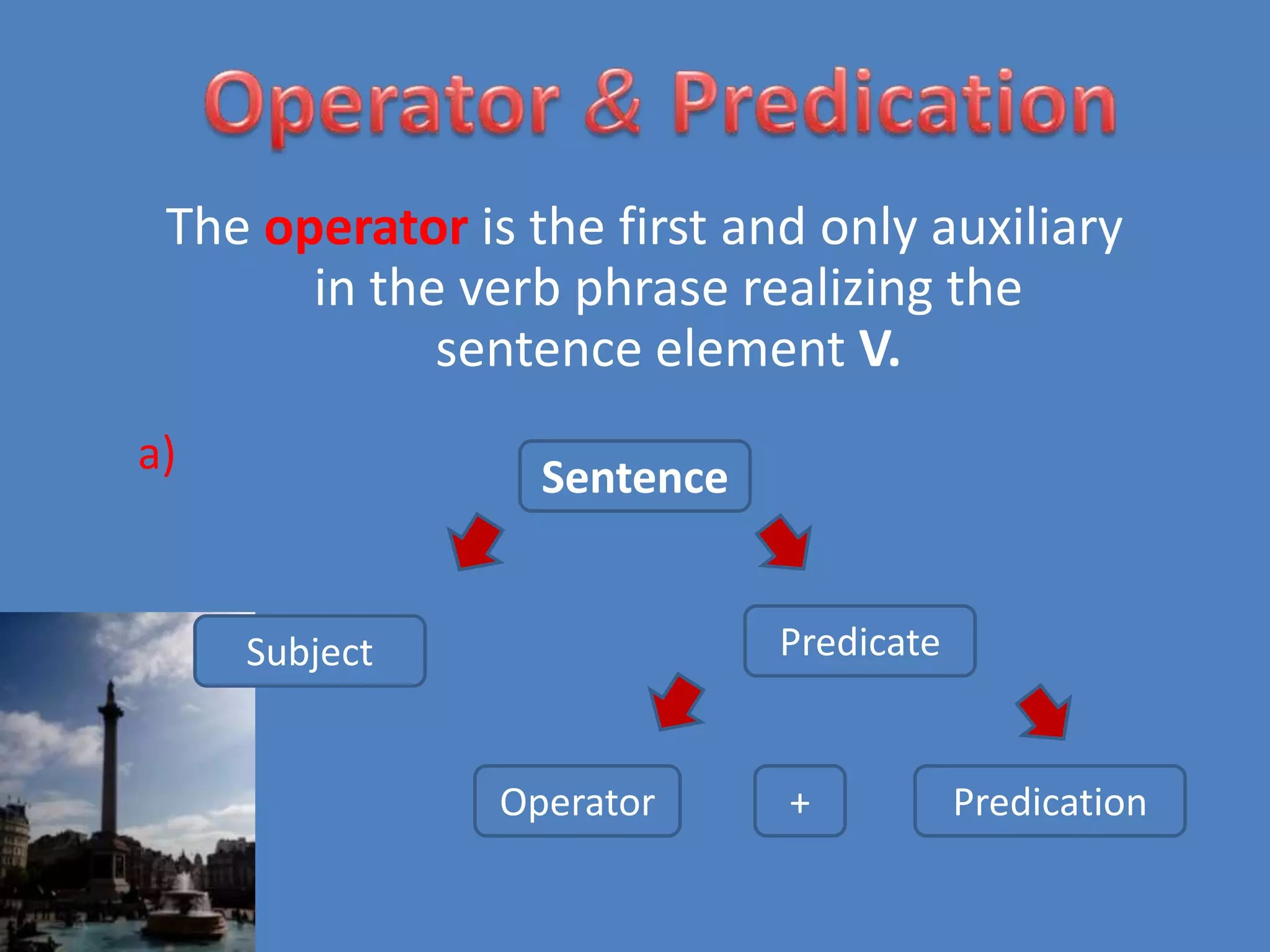 The operator is the first and only auxiliary
in the verb phrase realizing the
sentence element V.
a)

Sentence
Predicate

Subject

Operator

+

Predication

 