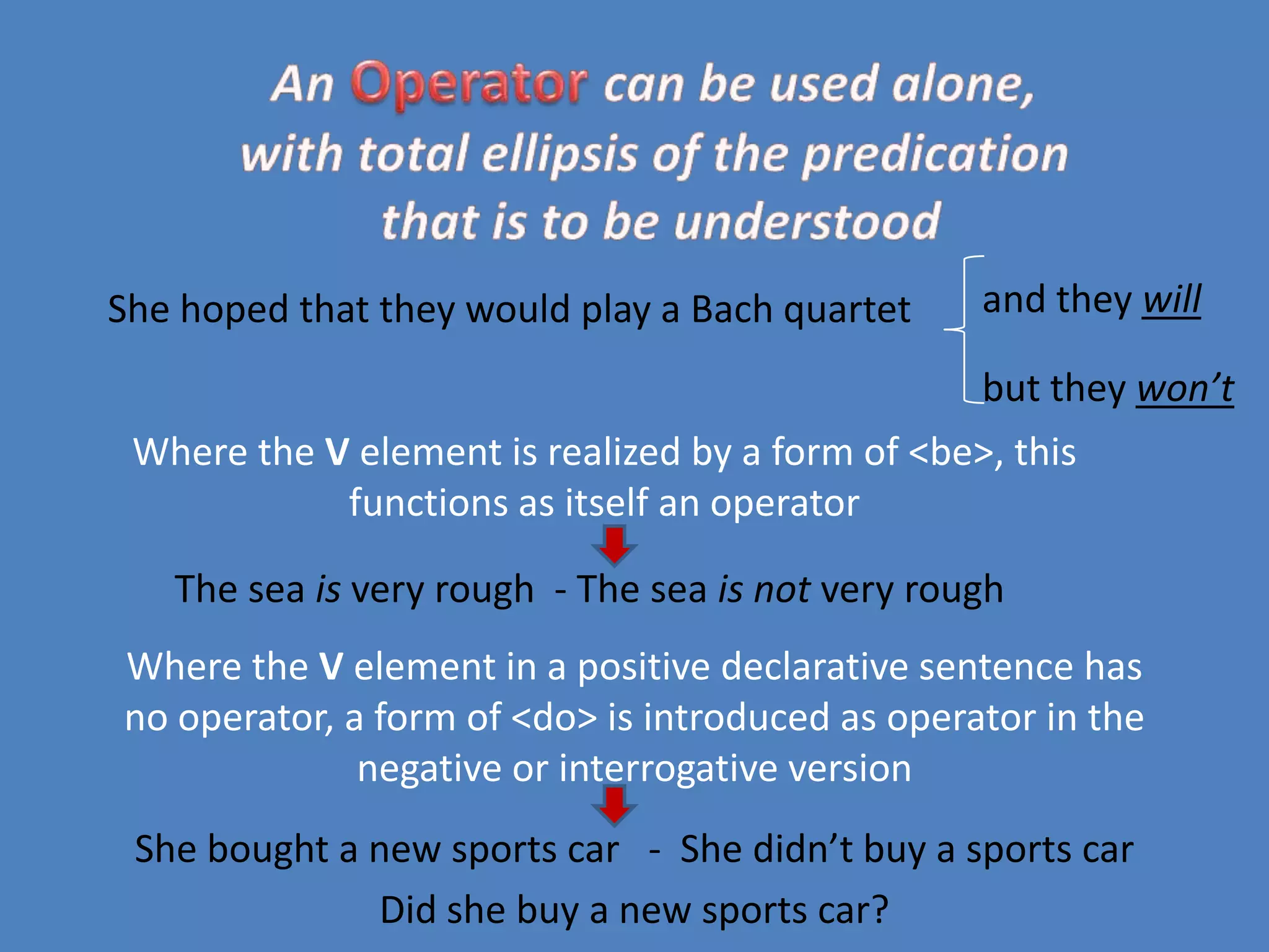 She hoped that they would play a Bach quartet

and they will
but they won’t

Where the V element is realized by a form of <be>, this
functions as itself an operator
The sea is very rough - The sea is not very rough
Where the V element in a positive declarative sentence has
no operator, a form of <do> is introduced as operator in the
negative or interrogative version
She bought a new sports car - She didn’t buy a sports car
Did she buy a new sports car?

 