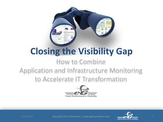 3/30/2
017
Oracle Confidential –
Internal/Restricted/Highly Restricted
1
Closing the Visibility Gap
How to Combine
Application and Infrastructure Monitoring
to Accelerate IT Transformation
1Copyright eG Innovations | www.eginnovations.com3/30/2017
 