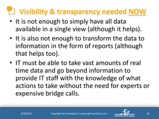 Visibility & transparency needed NOW
• It is not enough to simply have all data
available in a single view (although it he...