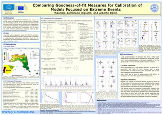 Joint
        Research
                                                                              Comparing Goodness-of-fit Measures for Calibration
                                                                              Comparing Goodness-of-fit Measures for Calibration                                                                                                                                                                                                                                                                  of
                                                                                                                                                                                                                                                                                                                                                                                                  of
         Centre
     EGU2012-11549
     Session: HS1.3
                                                                                      Models Focused on Extreme Events
                                                                                      Models Focused on Extreme Events
      Apr 23th, 2012                                                                                                                                    Mauricio Zambrano-Bigiarini and Alberto Bellin
                                                                                                                                                        Mauricio Zambrano-Bigiarini and Alberto Bellin
  1) Motivation                                                                                                                                                                                                                                                                                                                                             4) Results
  Despite serious and well-known limitations ( e.g., Legates and
  McCabe, 1999), many single objective goodness-of-fit measures
  are still of widespread use. As an example, the Nash-Sutcliffe                                     3.1) Nash-Sutcliffe efficiency : 3.6) Relative Nash-Sutcliffe efficiency :                                                Nomenclature
  efficiency (NSE) has been highly criticised as an inappropriate                                          (Nash and Sutcliffe, 1970)
                                                                                                                             N
                                                                                                                                                              (Krausse et al., 2005)                                           ●   Si : i-th simulated value
                                                                                                                                                                                                               2
  benchmark for comparing modelling results to observations                                                                                                                              N
                                                                                                                                                                                                     Oi−S i
                                                                                                                                                                                                 (            )
                                                                                                                                            2
                                                                                                                         ∑ ( O i − Si )                                              ∑                                         ●   Oi : i-th observed value
  (e.g., Schaefli and Gupta 2007), nonetheless, it is still one of                                        NSE =1−        i =1
                                                                                                                                                                                     i =1             Oi
                                                                                                                           N
                                                                                                                                            2                        rNSE =1−                                                  ●   j : arbitrary power, i.e, positive integer
  the most common performance measures used by both                                                                      ∑ ( O i− O )                                                    N
                                                                                                                                                                                                     Oi− O     2


  environmental scientists and practitioners.
                                                                                                                         i =1                                                        ∑
                                                                                                                                                                                     i =1
                                                                                                                                                                                                 (     O      )                ●


                                                                                                                                                                                                                               ●
                                                                                                                                                                                                                                   Ō : mean observed value
                                                                                                                                                                                                                                   Ôi : median of the observed values in
                                                                                                     3.2) Index of Agreement:                             3.7) Relative Index of Agreement:                                            the same month than Oi
  2) Aim                                                                                                   (Willmot, 1981)
                                                                                                                                 N
                                                                                                                                                               (Krausse et al., 2005)
                                                                                                                                                                                             N                     2
                                                                                                                                                                                                                               ●     r     : Pearson's product-moment
                                                                                                                                                                                                         Oi− S i
                                                                                                                                                                                                     (             )
                                                                                                                                                2
                                                                                                                             ∑ ( O i − Si )                                                                                              correlation coefficient
  To provide practical guidance about how different goodness-                                                                                                                            ∑
                                                                                                          d =1−               i =1                                                                        Oi                        α : ratio between the standard
  of-fit measures reported in literature perform when used within                                                                                                                         i =1                                 ●
                                                                                                                   N
                                                                                                                                                    2
                                                                                                                                                                     rd =1−    N                                           2             deviation of simulations (σs) and
                                                                                                                  ∑ (∣Si− O∣+∣O i− O∣)                                                   ∣Si − O∣+ ∣Oi −O∣
  a single-objective optimisation procedure, both for the
  identification of model parameters and in the reproduction of
                                                                                                                  i =1                                                        ∑
                                                                                                                                                                              i =1
                                                                                                                                                                                     (           O                     )                 observations (σo)
                                                                                                                                                                                                                               ●   β : ratio between the mean of the
  high- and low-flow events.                                                                         3.3) Coefficient of Persistence: 3.8) Modified Nash-Sutcliffe efficiency :                                                       simulations (μs) and observations
                                                                                                           (Kitanidis & Bras, 1980)                           (Legates and McCabe, 1999)                                              (μo)
                                                                                                                         N                                                                   N
                                                                                                                                        2

  3) Methodology                                                                                                       ∑ ( S i− O i )                                                    ∑ ∣Oi −Si∣j                           ●   ωi : weight in [0,1] applied to both
                                                                                                                    i =2
                                                                                                          cp =1−    N                                                mNSE =1− i =1                                                    observed and simulated values at                                                                                                                            Fig 08. Boxplots summarizing the 5th and 50th
  3.1) Study Area
                                                                                                                                                                                N
                                                                                                                                                                                                                                      time step i
                                                                                                                   ∑ ( O i− Oi−1 )2                                                      ∑ ∣Oi −O∣j                                                                                                                                      Fig 07. Boxplots summarizing the parameter values
                                                                                                                                                                                                                                                                                                                                                                                                  percentiles of daily discharge obtained with calibrations
                                                                                                                   i =2                                                                  i =1                                  ●   λ : number in [0, 1] representing the                                                                                                                          focused on low flows. Only the best half of the total
                                                                                                                                                                                                                                       weight given to the high-flow part                                                                obtained with calibrations focused on low flows. Only
                                                                                                                                                                                                                                                                                                                                                                                                  parameter sets obtained during calibration are
                                                                                                     3.4) Volumetric Efficiency:                          3.9) Modified Index of Agreement :                                           of the signal, with λ close to 1                                                                  the best half of the total parameter sets obtained
                                                                                                                                                                                                                                                                                                                                                                                                  considered for each calibration exercise. Grey vertical
                                                                                                           (Criss and Winston, 2008)                          (Legates and McCabe, 1999)                                               when focusing on high-flow                                                                        during calibration are considered for each calibration
                                                                                                                                                                                                                                                                                Fig 05. Boxplots summarizing the parameter values                                                                 lines indicate the value of the observed 5th and 50th
                                                                                                                                                                                          N                                            events, and λ close to zero when                                                                  exercise.
                                                                                                                         N                                                                                                                                                      obtained with calibrations focused on high flows. Only                                                            percentiles.
                                                                                                                       ∑ ∣Oi −Si∣                                                        ∑ ( O i− S i ) j                              focusing in low-flow conditions
                                                                                                                                                                                                                                                                                the best half of the total parameter sets obtained
                                                                                                                                                                                         i =1
                                                                                                          VE =1− i=1 N                                               d j=1−                                                        OL ,OH : user-defined thresholds used        during calibration are considered for each calibration
                                                                                                                                                                                                                                                                                                                                                    8) Conclusions
                                                                                                                                                                                                                               ●
                                                                                                                                                                               N
                                                                                                                                                                                                                       j                                                        exercise.
                                                                                                                             ∑ Oi                                             ∑ (∣Si −O∣+ ∣Oi −O∣)                                   to separate low and high values,
                                                                                                                                                                                                                                     respectively. In order to avoid
                                                                                                                             i =1                                             i =1
                                                                                                                                                                                                                                     subjectivity in the selection of OL                                                                        ●
                                                                                                                                                                                                                                                                                                                                                    Large underestimation of observed low flows (~40%) were
                                                                                                     3.5) Kling-Gupta efficiency:                         3.10) Weighted Seasonal Nash-Sutcliffe:                                    and OH , we use the flow duration                                                                              obtained with simulated values calibrated by using NSE and the
                                                                                                                                                                (this work)                  N
                                                                                                            (Gupta et al., 2009)                                                                                                     curve criterion proposed by Yilmaz
                                                                                                                                                                                         ∑ ∣ω i ( Oi −Si )∣j                         et al., 2008                                                                                                   KGE. Such underestimation is commonly masked out by the
                                                                                                       KGE =1− √( r −1)2 + (α −1)2+ (β−1)2                           wsNSE =1− i=1
                                                                                                                                                                                N                                                                                                                                                                   good overall fit in terms of NSE, KGE and other statistics.
                                                                                                                                                                                         ∑ ∣ω i (O i− Oi )∣j
                                                                                                                                                                                                      ̂
                                                                                                                 Cov s, o σs     μs                                                      i =1

                                                                                                              r = σ σ α = σ o β= μ o
                                                                                                                                                                                                                                                                                                                                                    Low-flows calibrations:

                                                                                                                                                                 {                                                             }
                                                                                                                   s o                                                          λ             ,    O i⩾OH

                                                                                                     3.6) Seasonal Nash-Sutcliffe:                           ω i = (1−λ )+
                                                                                                                                                                           (2 λ −1)( Oi− OL )
                                                                                                                                                                                               , OL < Oi < O H
                                                                                                                                                                                                                                                                                                                                                ●
                                                                                                                                                                                                                                                                                                                                                    rNSE and wsNSE (j=1, λ=0) perform the best (in terms of 5th
                                                                                                                                                                                O H −OL
                                                                                                           (Adapted from Garrick et al., 1978)
                                                                                                                                                                              1−λ             ,    O i⩾OL
                                                                                                                                                                                                                                                                                                                                                    percentile), and both of them provide also a good
                                                                                                                                 N

                                                                                                                             ∑ ∣Oi −Si∣j                                                                                                                                                                                                            representation of medium flows (50th percentile) with all the
                                                                                                          sNSE =1− iN
                                                                                                                    =1
                                                                                                                                                                                                                                                                                                                                                    other measures overestimating them.
                                                                                                                             ∑ ∣O i−O i∣j
                                                                                                                                    ̂                                                                                                                                                                                                           ●
                                                                                                                                                                                                                                                                                                                                                    NSE, KGE and d tend to underestimate GW_DELAY in
                                                                                                                             i =1

                                                                                                                                                                                                                                                                                                                                                    comparison to to the other goodness-of-fit measures.
Fig 01. Location of the Ega River Basin, meteorological stations, and discharge station used for
the calibration of the upper catchment.
                                                                                                                                                                                                                                                                                                                                                    High-flows calibrations:
  3.2) Calibration Procedure                                                                                                                                                                                                                                                                                                                    ●
                                                                                                                                                                                                                                                                                                                                                    wsNSE (j=2, λ=0.95), d and KGE perform the best (in terms of
  The Soil and Water Assessment Tool (SWAT) version 2005                                                                                                                                                                                                                                                                                            95th percentile). At the same time, only wsNSE provides a good
  was calibrated for the period Jan/1961-Dec/1970, using the                                                                                                                                                                                                                                                                                        representation of medium flows (50th percentile), with all the
  first year as warming up period.                                                                                                                                                                                                                                                                                                                  other goodness-of-fit measures overestimating them.
  A set of 9 parameters was selected for calibration:                                                                                                                                                                                                                                                                                           ●
                                                                                                                                                                                                                                                                                                                                                    The optimal value and variability of parameters related to the
                         Parameter                                         Min       Max             Fig 02. Discharge time series corresponding to the outlet of the upper part of the Ega River Basin (Ega en Estella stream gauge, Q071).                                                                                                        slow response of the catchment (GW_DELAY and ALPHA_BF)
 Base flow alpha factor [days]                            ALPHA_BF 1.00E-1        9.90E-1            Horizontal blue and red lines show the discharge values used to separate high and low flows, respectively (see Fig 03).
 Manning's “n” value for the main channel [-]             CH_N2        1.60E-2    1.50E-1
                                                                                                                                                                                                                                                                                                                                                    was very similar among all the goodness-of-fit measures tested
                                                                                                                                                                                                                                                                                   Fig 06. Boxplots summarizing the 50th and 95th
 Initial SCS CN II value [-]                              CN2          4.00E+1    9.50E+1                                                                                                                                                                                          percentiles of daily discharge obtained with                     (both close to zero), with KGE and wsNSE presenting the
 Saturated hydraulic conductivity [mm/hr]                 SOL_K        1.00E-3    1.00E+3                                                                                                                                                                                          calibrations focused on high flows. Only the best half           largest spread. However, those values are very different from
                                                                                                                                                                                                                                                                                   of the total parameter sets obtained during calibration
 Available water capacity, [mmH2O/mm soil]                SOL_AWC      1.00E-2    3.50E-1
                                                                                                                                                                                                                                                                                   are considered for each calibration exercise. Grey               the ones obtained during the calibration focused on low flows.
 Effective hydraulic conductivity in main channel [mm/hr] CH_K2        0.00E+0    2.00E+2                                                                                                                                                                                          vertical lines indicate the value of the observed 5th
 Soil evaporation compensation factor [-]                 ESCO         1.00E-2    1.00E+0                                                                                                                                                                                          and 50th percentiles.
 Surface runoff lag time [days]                           SURLAG       1.00E+0    1.20E+1                                                                                                                                                                                            References:
 Snowfall temperature [°C]                                SFTMP        -5.00E+0 5.00E+0                                                                                                                                                                                              ●
                                                                                                                                                                                                                                                                                         Criss, R., Winston, W., 2008. Do Nash values have value? Discussion and alternate proposals. Hydrological Processes 22, 2723–2725
  Calibration was carried out using Particle Swarm Optimisation                                                                                                                                                                                                                      ●
                                                                                                                                                                                                                                                                                         Garrick, M., Cunnane, C., Nash, J.E., 1978. A criterion of efficiency for rainfall-runoff models. Journal of Hydrology 36, 375–381
                                                                                                   Fig 03. Daily flow duration curve corresponding to                                                                                                                                    Kennedy, J., and R. Eberhart (1995), Particle swarm optimization, in Proceedings IEEE International Conference on Neural Networks, 1995, vol. 4, pp. 1942–1948,
  (PSO, Kennedy and Eberhart, 1995),    with 20 particles, 300
                                                                                                                                                                                                                                                                                     ●


                                                                                                   the outlet of the upper part of the Ega River Basin           Fig 04. Weighting values used in wsNSE, which take into account the skewness of the
                                                                                                                                                                                                                                                                                     ●
                                                                                                                                                                                                                                                                                         Kitanidis, P.K., Bras, R.L., 1980. Real-time forecasting with a conceptual hydrologic model 2. applications and results. Water Resources Research 16, 1034–1044.
  iterations, ω=1/(2log2), c1=c2=0.5+log2, linearly decreasing                                     (Q071). Verticl black lines show the discharge                observed daily discharges. Red and blue lines correspond to the weights used when                                   ●
                                                                                                                                                                                                                                                                                         Krause, P., Boyle, D., Bäse, F., 2005. Comparison of different efficiency criteria for hydrological model assessment. Advances in Geosciences 5, 89–97..
  Vmax from 1.0 to 0.5, and random topology (see EGU2012-10950                                     values used to separate high and low flows                    focusing on low- and high-flow events, respectively. On the left panel, the horizontal axis                         ●
                                                                                                                                                                                                                                                                                         Legates, D., McCabe Jr., G., 1999. Evaluating the use of “goodness-of-fit” measures in hydrologic and hydroclimatic model validation. Water Resources Research 35,
                                                                                                   following Yilmaz et. al., 2008)                               represent discharges values of the Ega River Basin (Q071), while on the right panel the                                 233–241
  for further details).
                                                                                                                                                                                                                                                                                         Schaefli, B., Gupta, H., 2007. Do Nash values have value?. Hydrological Processes 21, 2075–2080.


www.jrc.europa.eu
                                                                                               Mauricio Zambrano-Bigiarini                                       horizontal axis represent the empirical CDF of the observed discharge values.                                       ●

                                                                                                                                                                                                                                                                                     ●
                                                                                                                                                                                                                                                                                         Willmott, C., 1981. On the validation of models. Physical Geography 2, 184–194.
                                                                                               European Commission • Joint Research Centre • Institute for Environment and Sustainability                                                                                            ●
                                                                                                                                                                                                                                                                                         Yilmaz, K., Gupta, H., Wagener, T., 2008. A process-based diagnostic approach to model evaluation: Application to the NWS distributed hydrologic model. Water
                                                                                               Tel. +39 0332 789588 • Email: mauricio.zambrano@jrc.ec.europa.eu                                                                                                                          Resources Research 44, W09417.
 