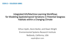 Integrated GIS/Machine-Learning Workflows
for Modeling Spatiotemporal Variations in Potential Seagrass
Habitats within a Changing Climate
Orhun Aydin, Kevin Butler, and Dawn Wright
Environmental Systems Research Institute
Redlands, California, USA
oaydin@esri.com
ESSI4.3 – EGU2018-10081
 