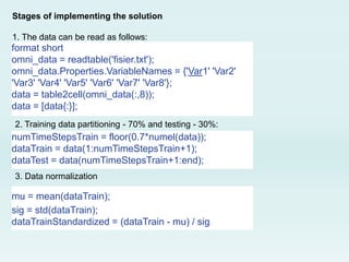 Stages of implementing the solution
1. The data can be read as follows:
format short
omni_data = readtable('fisier.txt');
omni_data.Properties.VariableNames = {'Var1' 'Var2'
'Var3' 'Var4' 'Var5' 'Var6' 'Var7' 'Var8'};
data = table2cell(omni_data(:,8));
data = [data{:}];
2. Training data partitioning - 70% and testing - 30%:
numTimeStepsTrain = floor(0.7*numel(data));
dataTrain = data(1:numTimeStepsTrain+1);
dataTest = data(numTimeStepsTrain+1:end);
3. Data normalization
mu = mean(dataTrain);
sig = std(dataTrain);
dataTrainStandardized = (dataTrain - mu) / sig;
 