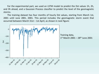 For the experimental part, we used an LSTM model to predict the Dst values 1h, 2h,
and 3h ahead, and a Gaussian Process classifier to predict the level of the geomagnetic
storms.
The training dataset has four months of hourly Dst values, starting from March 1st,
2001 until June 28th, 2001. This period includes the geomagnetic storm event that
occurred between March 31st – 1st April, as shown in next figure:
Training data,
1st March 2001 – 28th June 2001
 