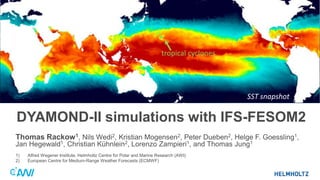 DYAMOND-II simulations with IFS-FESOM2
Thomas Rackow1, Nils Wedi2, Kristian Mogensen2, Peter Dueben2, Helge F. Goessling1,
Jan Hegewald1, Christian Kühnlein2, Lorenzo Zampieri1, and Thomas Jung1
1) Alfred Wegener Institute, Helmholtz Centre for Polar and Marine Research (AWI)
2) European Centre for Medium-Range Weather Forecasts (ECMWF)
SST snapshot
tropical cyclones
 