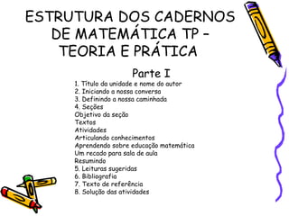ESTRUTURA DOS CADERNOS
DE MATEMÁTICA TP –
TEORIA E PRÁTICA
Parte I

1. Título da unidade e nome do autor
2. Iniciando a nossa conversa
3. Definindo a nossa caminhada
4. Seções
Objetivo da seção
Textos
Atividades
Articulando conhecimentos
Aprendendo sobre educação matemática
Um recado para sala de aula
Resumindo
5. Leituras sugeridas
6. Bibliografia
7. Texto de referência
8. Solução das atividades

 