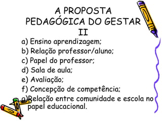 A PROPOSTA PEDAGÓGICA DO GESTAR II a) Ensino aprendizagem; b) Relação professor/aluno; c) Papel do professor; d) Sala de aula; e) Avaliação; f) Concepção de competência; g)Relação entre comunidade e escola no papel educacional. 