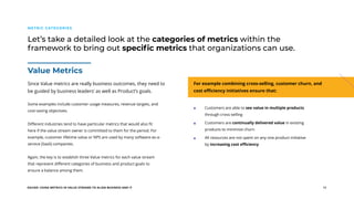EGUIDE: USING METRICS IN VALUE STREAMS TO ALIGN BUSINESS AND IT 11
Let’s take a detailed look at the categories of metrics within the
framework to bring out specific metrics that organizations can use.
METRIC CATEGORIES
Some examples include customer usage measures, revenue targets, and
cost-saving objectives.
Different industries tend to have particular metrics that would also fit
here if the value stream owner is committed to them for the period. For
example, customer lifetime value or NPS are used by many software-as-a-
service (SaaS) companies.
Again, the key is to establish three Value metrics for each value stream
that represent different categories of business and product goals to
ensure a balance among them.
Since Value metrics are really business outcomes, they need to
be guided by business leaders’ as well as Product’s goals.
Value Metrics
Customers are able to see value in multiple products
through cross-selling
Customers are continually delivered value in existing
products to minimize churn
All resources are not spent on any one product initiative
by increasing cost efficiency
For example combining cross-selling, customer churn, and
cost efficiency initiatives ensure that:
 