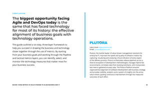 EGUIDE: USING METRICS IN VALUE STREAMS TO ALIGN BUSINESS AND IT 23
Plutora, the market leader of value stream management solutions for
enterprise IT, improves the speed and quality of software creation by
capturing, visualizing and analyzing critical indicators of every aspect
of the delivery process. Plutora orchestrates release pipelines across a
diverse ecosystem of development methodologies, manages hybrid test
environments, correlates data from existing toolchains, and incorporates
test metrics gathered at every step. The Plutora Platform ensures
organizational alignment of software development with business strategy
and provides visibility, analytics and a system of insights into the entire
value stream, guiding continuous improvement through the measured
outcomes of each effort.
Learn more: www.plutora.com
Email: contact@plutora.com
The biggest opportunity facing
Agile and DevOps today is the
same that has faced technology
for most of its history: the effective
alignment of business goals with
technology operations.
CONCLUSION
This guide outlined a six-step, three-layer framework to
help you succeed in drawing the business and technology
closer together through the use of metrics. By starting
from your business goals and working through the Pipeline
and tactical metrics layers, you can identify, select, and
monitor the technology measures that matter most for
your business success.
 