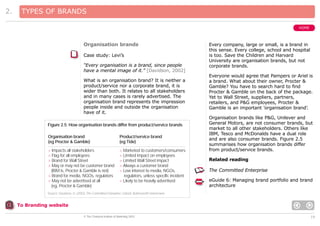2.

TYPES OF BRANDS
HOME

Organisation brands
Case study: Levi’s
“Every organisation is a brand, since people
have a mental image of it.” [Davidson, 2002]
What is an organisation brand? It is neither a
product/service nor a corporate brand, it is
wider than both. It relates to all stakeholders
and in many cases is rarely advertised. The
organisation brand represents the impression
people inside and outside the organisation
have of it.
Figure 2.5: How organisation brands differ from product/service brands
Organisation brand
(eg Procter & Gamble)

Product/service brand
(eg Tide)

> Impacts all stakeholders
> Flag for all employees
> Brand for Wall Street
> May or may not be customer brand
(IBM is, Procter & Gamble is not)
> Brand for media, NGOs, regulators
> May not be advertised at all
(eg, Procter & Gamble)

> Marketed to customers/consumers
> Limited impact on employees
> Limited Wall Street impact
> Always a customer brand
> Low interest to media, NGOs,
regulators, unless specific incident
> Likely to be heavily advertised

Every company, large or small, is a brand in
this sense. Every college, school and hospital
is too. Save the Children and Harvard
University are organisation brands, but not
corporate brands.
Everyone would agree that Pampers or Ariel is
a brand. What about their owner, Procter &
Gamble? You have to search hard to find
Procter & Gamble on the back of the package.
Yet to Wall Street, suppliers, partners,
retailers, and P&G employees, Procter &
Gamble is an important ’organisation brand’.
Organisation brands like P&G, Unilever and
General Motors, are not consumer brands, but
market to all other stakeholders. Others like
IBM, Tesco and McDonalds have a dual role
and are also consumer brands. Figure 2.5
summarises how organisation brands differ
from product/service brands.
Related reading
The Committed Enterprise
eGuide 6: Managing brand portfolio and brand
architecture

Source: Davidson, H. (2002) The Committed Enterprise. Oxford, Butterworth Heinemann.

To Branding website
© The Chartered Institute of Marketing 2003

19

 