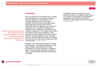 5.

MANAGING AND DEVELOPING BRANDS
HOME

Franchising

The trouble comes when
the answer to the
thorny question of who
actually runs the
[franchise] business is
not clear.

Turning a brand into a franchise has a number
of key attractions. It can allow the brand to
become national (or international) in its
coverage quickly and at minimal cost.
However, some franchises have fallen down,
simply because the franchiser and the
franchisee could not agree on how a business
should be run, or insufficient attention is
devoted to the consistency and quality of the
customer experience. The trouble comes when
the answer to the thorny question of who
actually runs the business is not clear. While a
franchise company believes it has a winning
formula, the franchisees will want to do things
their own way, as they claim to know the local
market better. [Crainer, 1995]

“A Benetton shop owner agrees to sell
Benetton products, we agree to take care of
the image and promotion of the Benetton
trademarks and guarantee speed and
timeliness in the supply of our merchandise.”
[Crainer, 1995]

Benetton is an interesting example. Its shops
are franchises. The company advises on shop
decor, location, advertising and product
purchases but it does not receive royalties on
sales or give exclusive rights for a particular
area. Luciano Benetton describes the process
as follows:

To Branding website
© The Chartered Institute of Marketing 2003

27

 