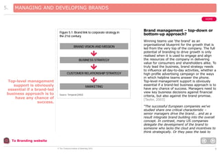 5.

MANAGING AND DEVELOPING BRANDS
HOME

Figure 5.1: Brand link to corporate strategy in
the 21st century
BRAND VISION AND MISSION

BUSINESS STRATEGY

CUSTOMER RELATIONSHIP STRATEGY

Top-level management
support is obviously
essential if a brand-led
business approach is to
have any chance of
success.

MARKETING
Source: Temporal (2002)

Brand management – top-down or
bottom-up approach?
Winning teams use ‘the brand’ as an
organisational blueprint for the growth that is
led from the very top of the company. The full
potential of branding to drive growth is only
realised when it is used to engage and align
the resources of the company in delivering
value for consumers and shareholders alike. To
truly lead the business, brand strategy needs
to influence all day-to-day activities, whether a
high profile advertising campaign or the ways
in which helpline teams answer the phone.
Top-level management support is obviously
essential if a brand-led business approach is to
have any chance of success. Managers need to
view key business decisions against financial
criteria, but also against the brand promise.
[Taylor, 2003]
“The successful European companies we’ve
studied share one critical characteristic –
senior managers drive the brand... and as a
result integrate brand building into the overall
concept. In contrast, many US companies
delegate the development of the brand to
someone who lacks the clout and incentives to
think strategically. Or they pass the task to

To Branding website
© The Chartered Institute of Marketing 2003

8

 