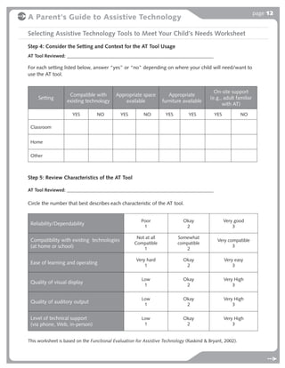 page 12
A Parent's Guide to Assistive Technology

Selecting Assistive Technology Tools to Meet Your Child’s Needs Worksheet
Step 4: Consider the Setting and Context for the AT Tool Usage
AT Tool Reviewed: _______________________________________________________________

For each setting listed below, answer “yes” or “no” depending on where your child will need/want to
use the AT tool.


                                                                                           On-site support
                    Compatible with        Appropriate space         Appropriate
     Setting                                                                             (e.g., adult familiar
                   existing technology         available          furniture available
                                                                                               with AT)

                     YES         NO          YES        NO         YES         YES         YES            NO

 Classroom


 Home

 Other



Step 5: Review Characteristics of the AT Tool

AT Tool Reviewed: _______________________________________________________________

Circle the number that best describes each characteristic of the AT tool.


                                                       Poor                 Okay                 Very good
 Reliability/Dependability
                                                        1                    2                       3

                                                     Not at all          Somewhat
 Compatibility with existing technologies                                                    Very compatible
                                                    Compatible           compatible
 (at home or school)                                                                                3
                                                        1                   2

                                                     Very hard              Okay                 Very easy
 Ease of learning and operating
                                                         1                   2                       3


                                                       Low                  Okay                 Very High
 Quality of visual display
                                                        1                    2                       3


                                                       Low                  Okay                 Very High
 Quality of auditory output
                                                        1                    2                       3

 Level of technical support                            Low                  Okay                 Very High
 (via phone, Web, in-person)                            1                    2                       3


This worksheet is based on the Functional Evaluation for Assistive Technology (Raskind & Bryant, 2002).
 