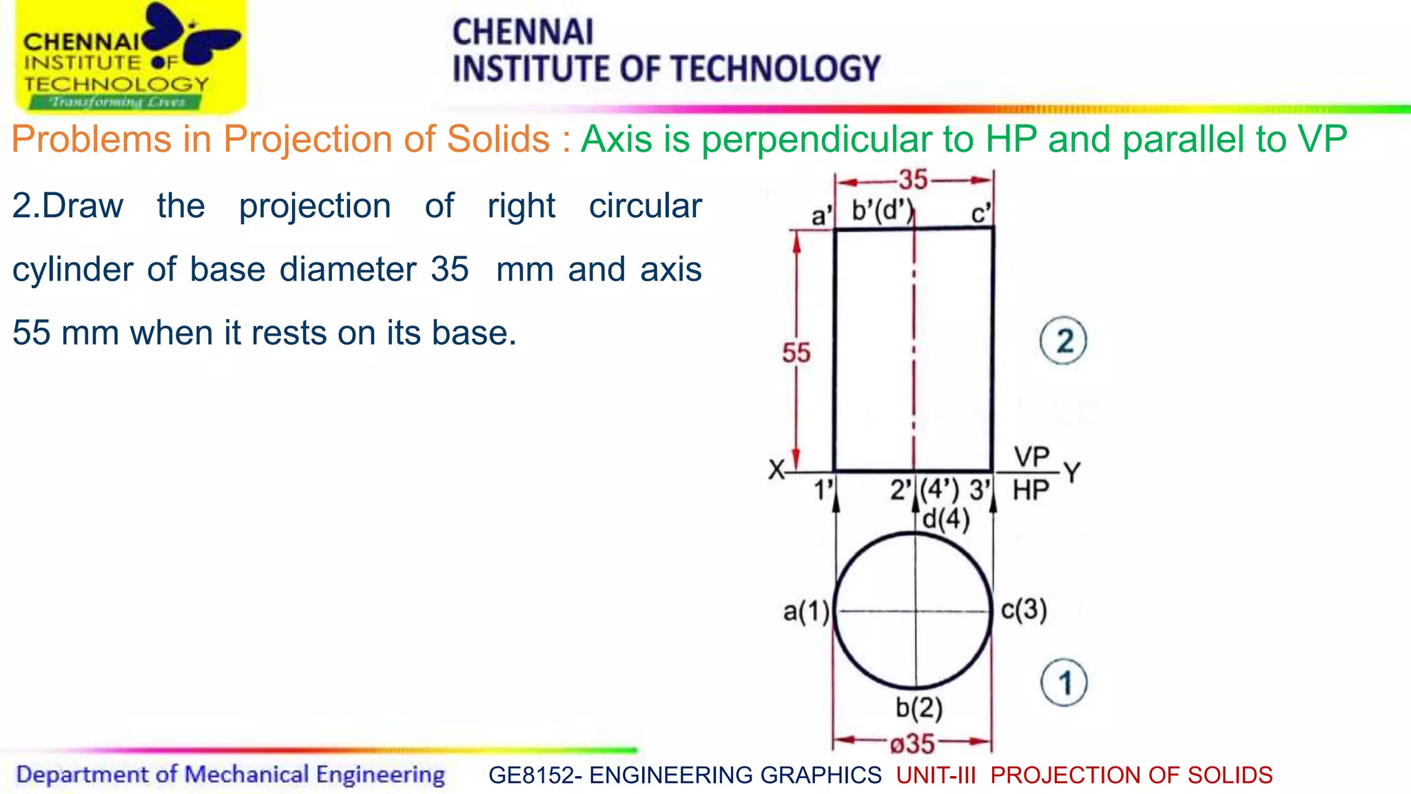 GE8152- ENGINEERING GRAPHICS UNIT-III PROJECTION OF SOLIDS
Problems in Projection of Solids : Axis is perpendicular to HP and parallel to VP
2.Draw the projection of right circular
cylinder of base diameter 35 mm and axis
55 mm when it rests on its base.
 