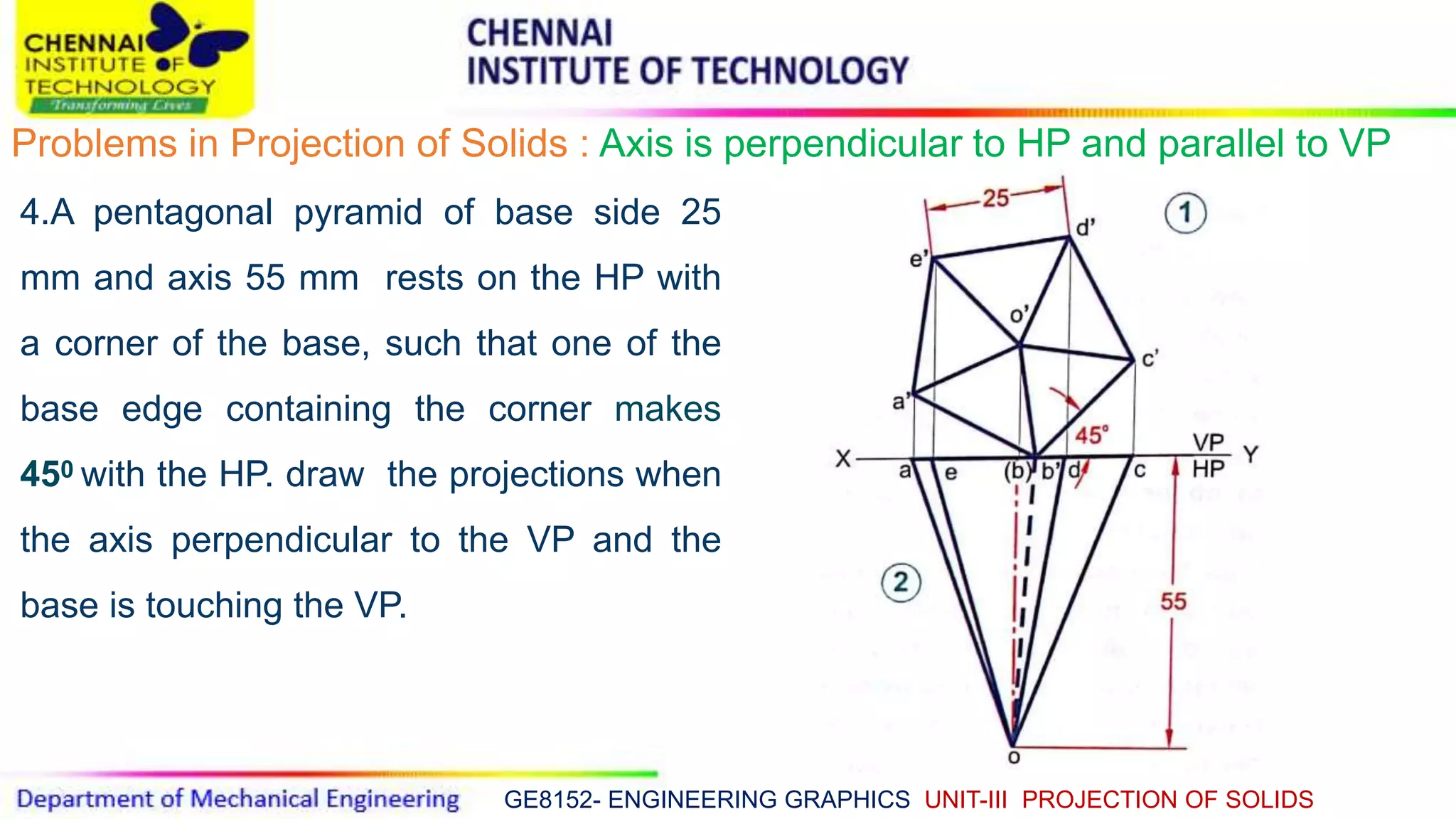 GE8152- ENGINEERING GRAPHICS UNIT-III PROJECTION OF SOLIDS
Problems in Projection of Solids : Axis is perpendicular to HP and parallel to VP
4.A pentagonal pyramid of base side 25
mm and axis 55 mm rests on the HP with
a corner of the base, such that one of the
base edge containing the corner makes
450 with the HP. draw the projections when
the axis perpendicular to the VP and the
base is touching the VP.
 