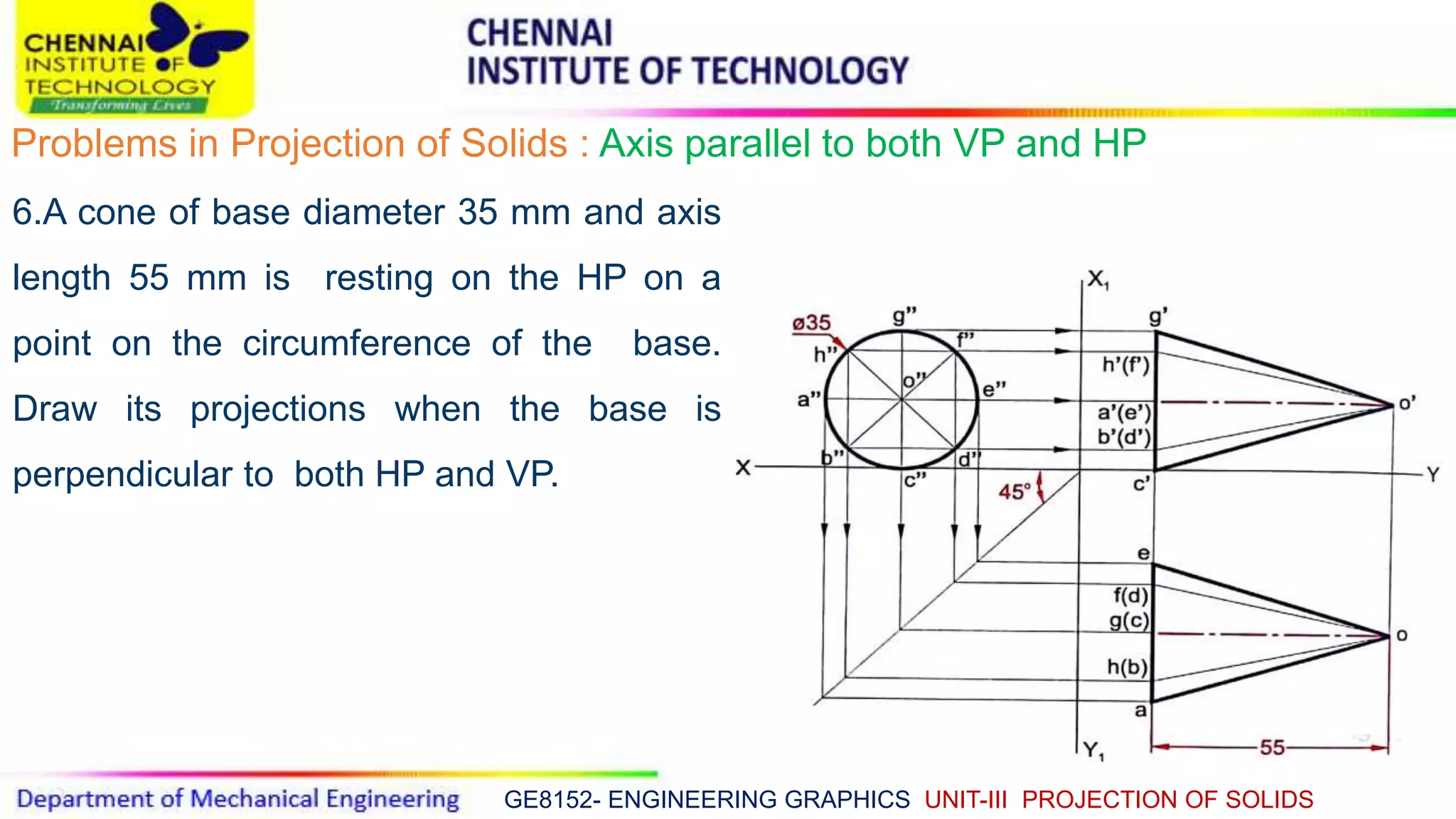 GE8152- ENGINEERING GRAPHICS UNIT-III PROJECTION OF SOLIDS
Problems in Projection of Solids : Axis parallel to both VP and HP
6.A cone of base diameter 35 mm and axis
length 55 mm is resting on the HP on a
point on the circumference of the base.
Draw its projections when the base is
perpendicular to both HP and VP.
 