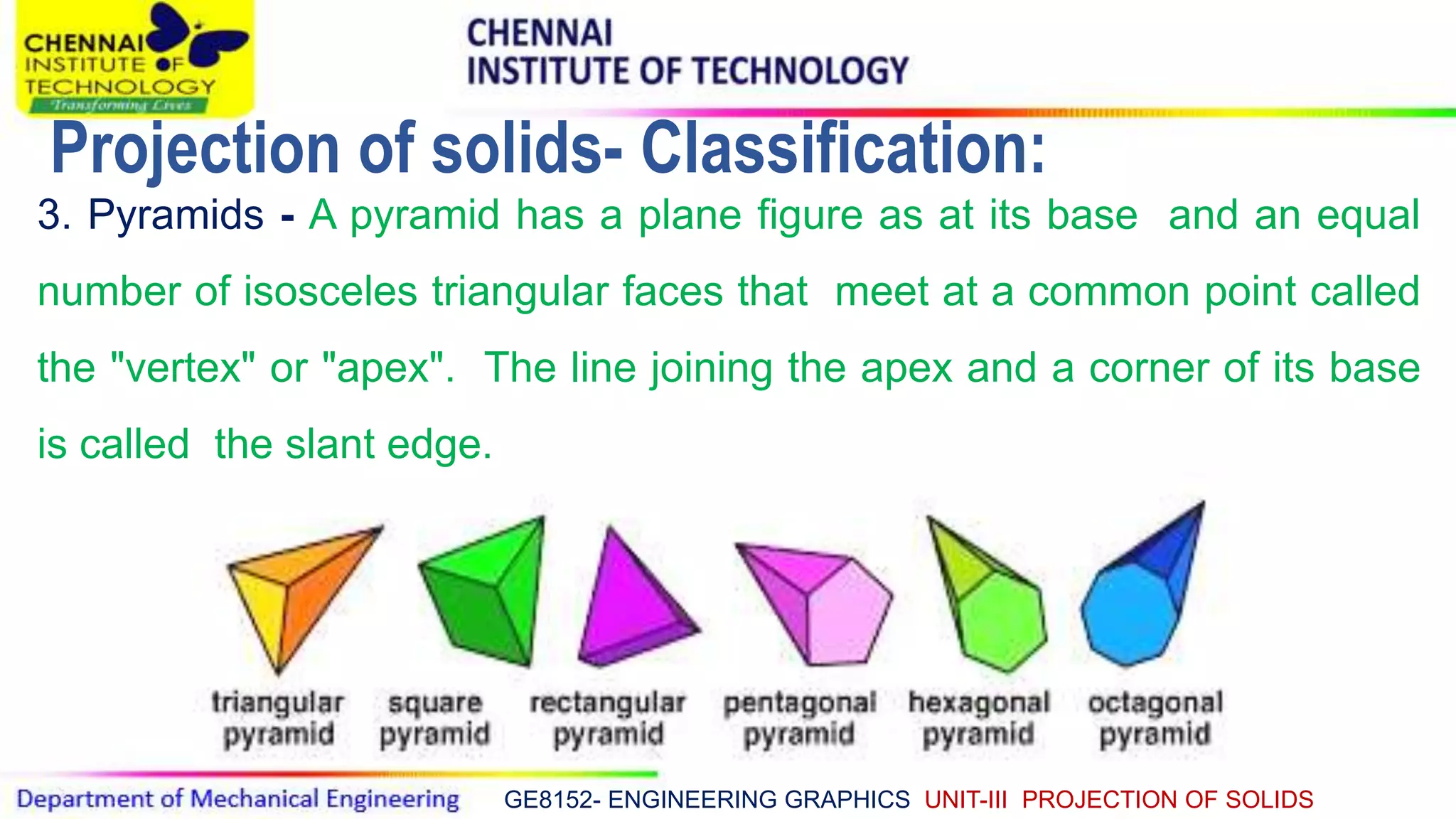 GE8152- ENGINEERING GRAPHICS UNIT-III PROJECTION OF SOLIDS
3. Pyramids - A pyramid has a plane figure as at its base and an equal
number of isosceles triangular faces that meet at a common point called
the "vertex" or "apex". The line joining the apex and a corner of its base
is called the slant edge.
Projection of solids- Classification:
 