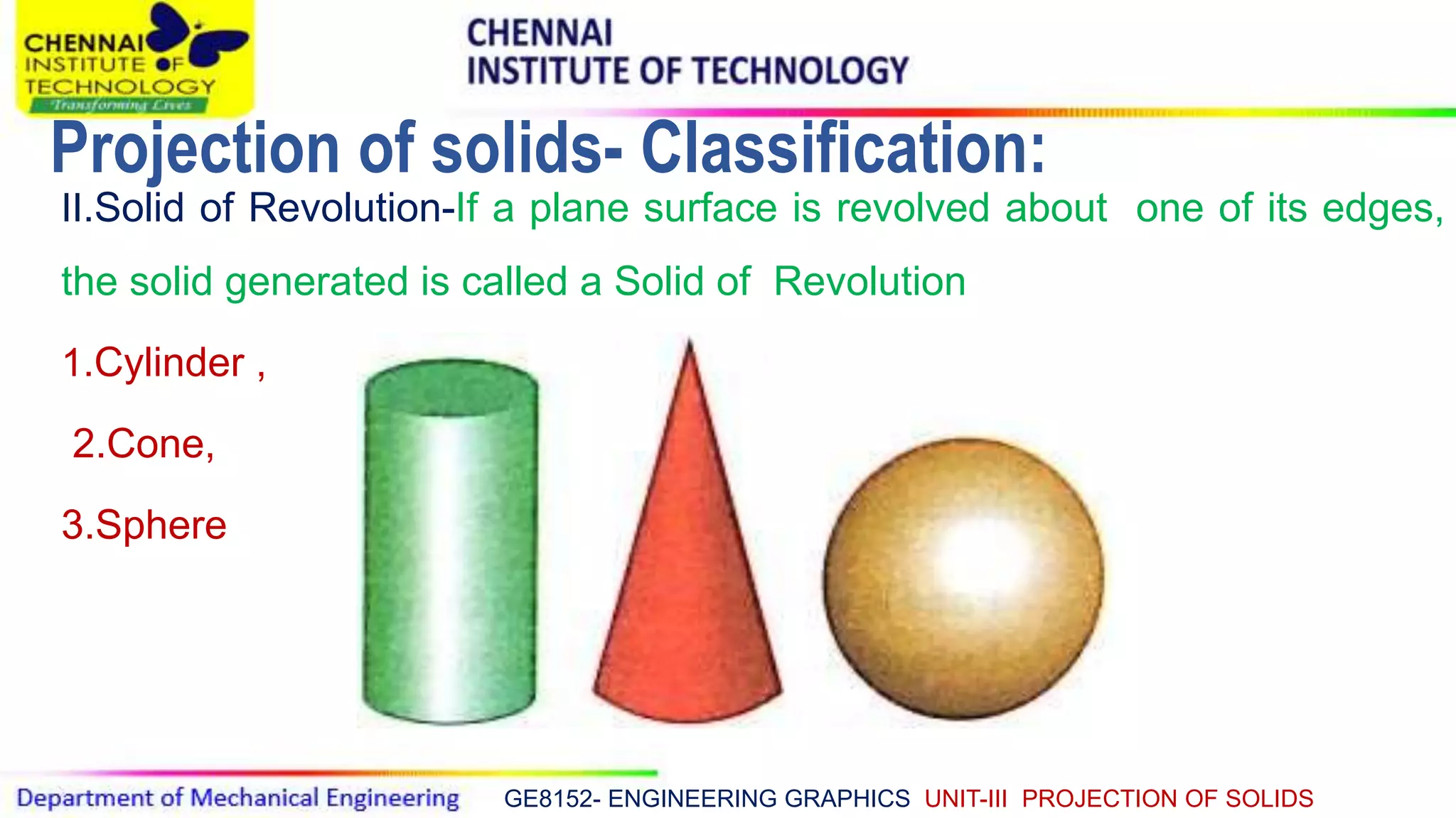 GE8152- ENGINEERING GRAPHICS UNIT-III PROJECTION OF SOLIDS
II.Solid of Revolution-If a plane surface is revolved about one of its edges,
the solid generated is called a Solid of Revolution
1.Cylinder ,
2.Cone,
3.Sphere
Projection of solids- Classification:
 