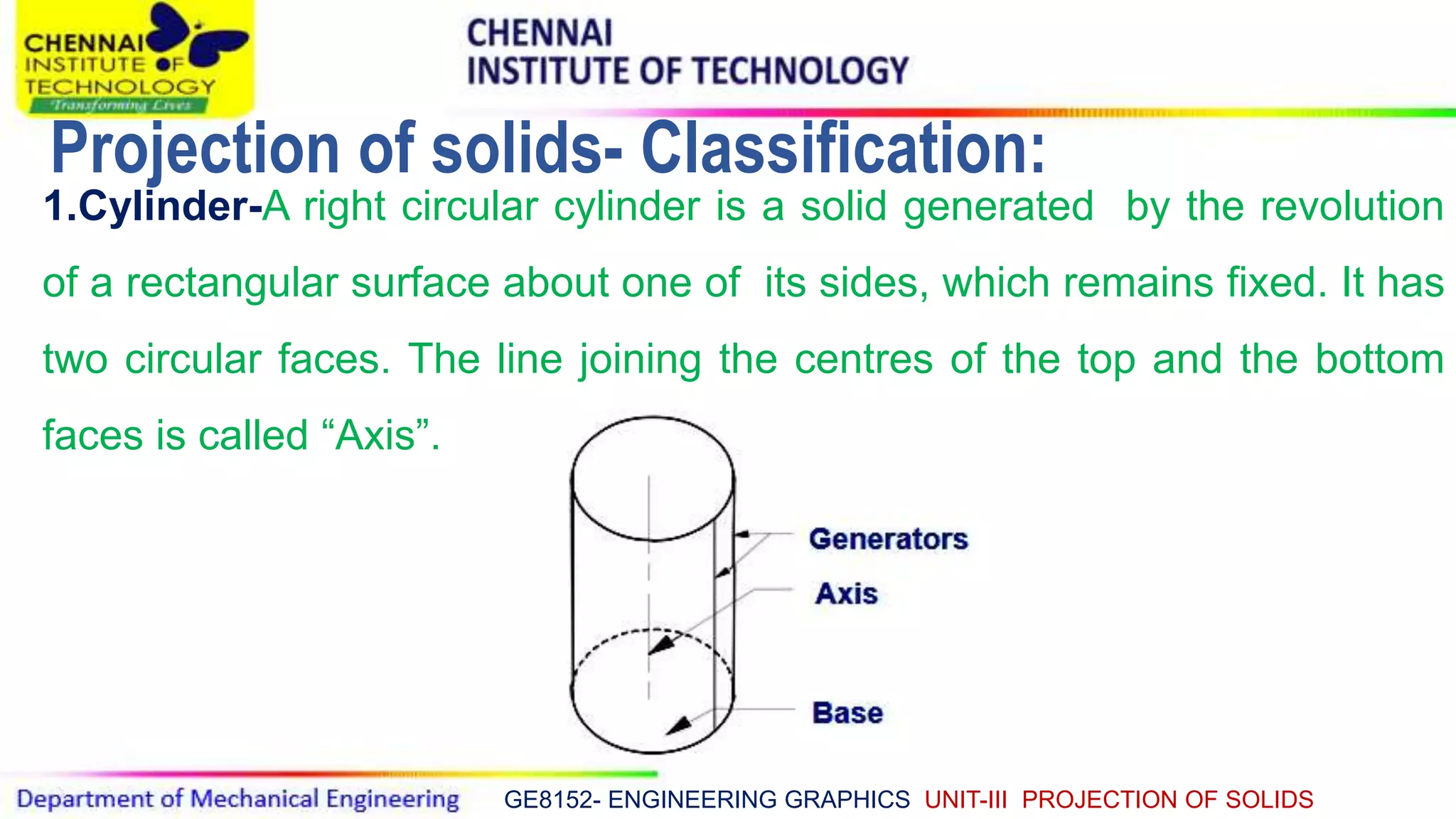 GE8152- ENGINEERING GRAPHICS UNIT-III PROJECTION OF SOLIDS
1.Cylinder-A right circular cylinder is a solid generated by the revolution
of a rectangular surface about one of its sides, which remains fixed. It has
two circular faces. The line joining the centres of the top and the bottom
faces is called “Axis”.
Projection of solids- Classification:
 