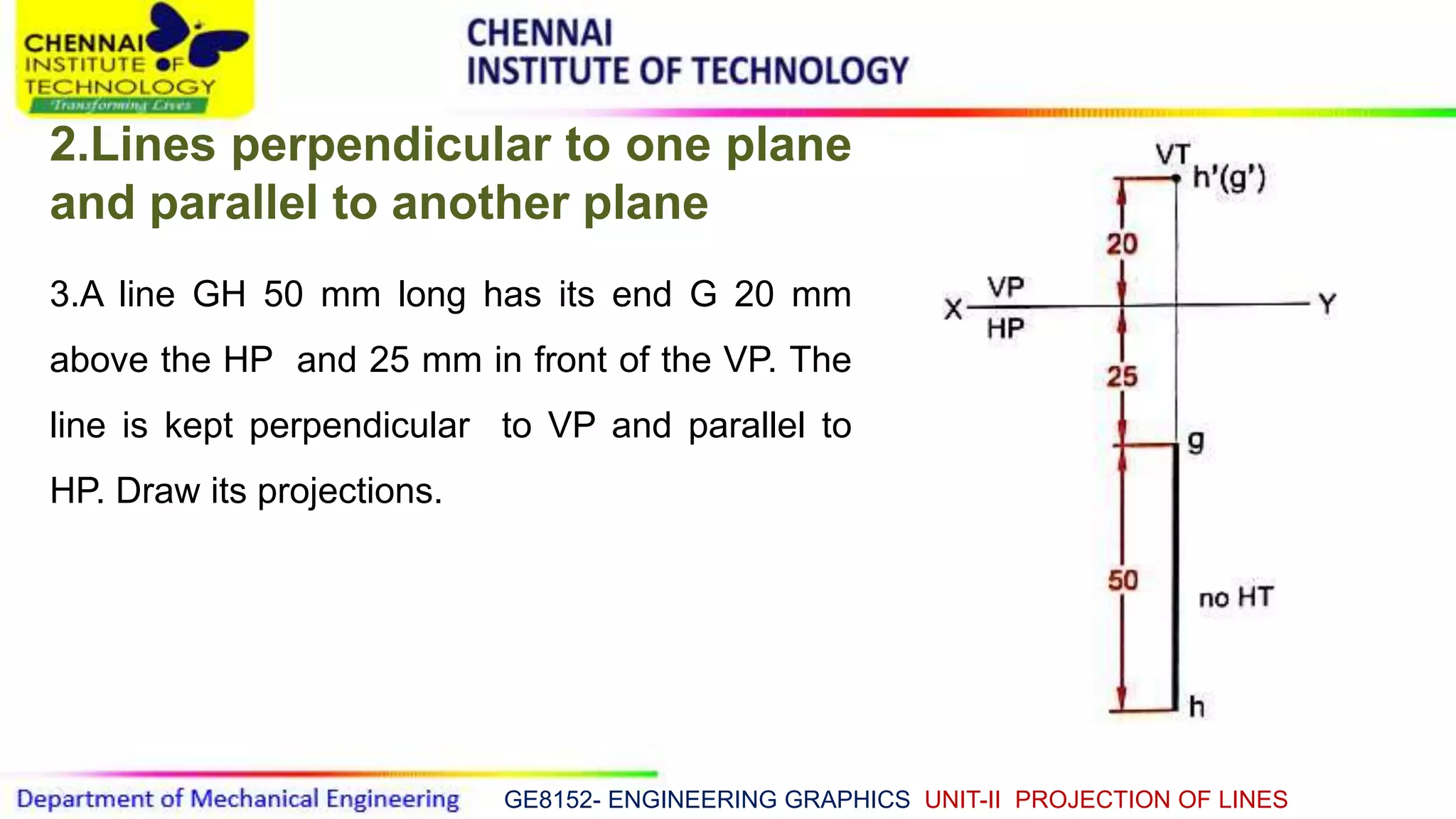 GE8152- ENGINEERING GRAPHICS UNIT-II PROJECTION OF LINES
2.Lines perpendicular to one plane
and parallel to another plane
3.A line GH 50 mm long has its end G 20 mm
above the HP and 25 mm in front of the VP. The
line is kept perpendicular to VP and parallel to
HP. Draw its projections.
 