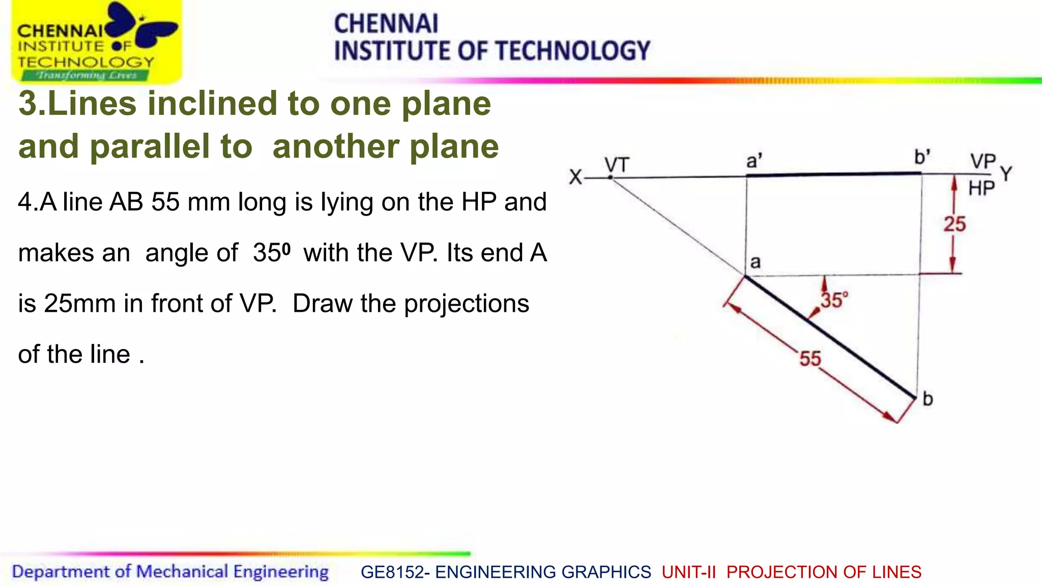 GE8152- ENGINEERING GRAPHICS UNIT-II PROJECTION OF LINES
3.Lines inclined to one plane
and parallel to another plane
4.A line AB 55 mm long is lying on the HP and
makes an angle of 350 with the VP. Its end A
is 25mm in front of VP. Draw the projections
of the line .
 
