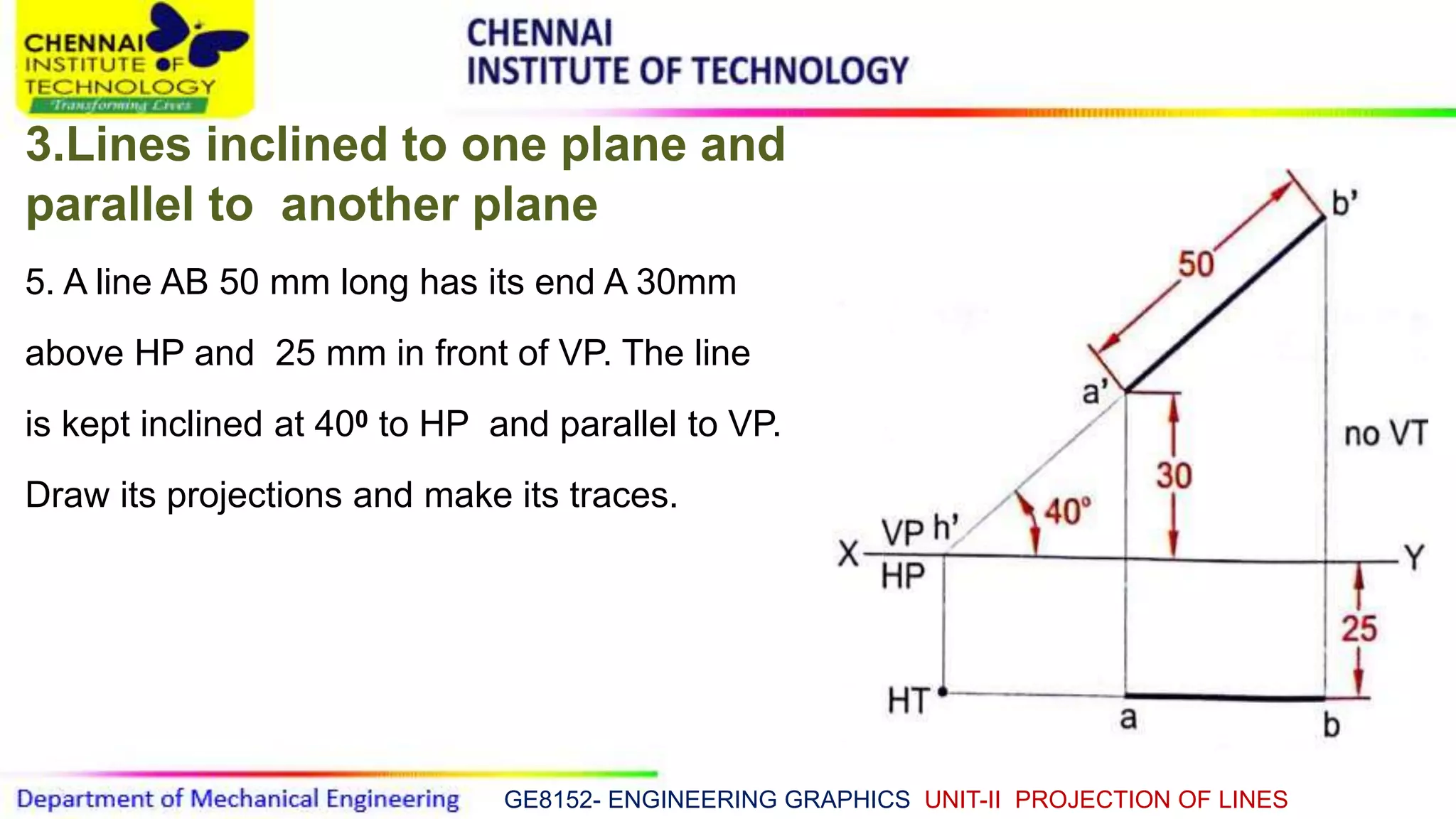 GE8152- ENGINEERING GRAPHICS UNIT-II PROJECTION OF LINES
3.Lines inclined to one plane and
parallel to another plane
5. A line AB 50 mm long has its end A 30mm
above HP and 25 mm in front of VP. The line
is kept inclined at 400 to HP and parallel to VP.
Draw its projections and make its traces.
 