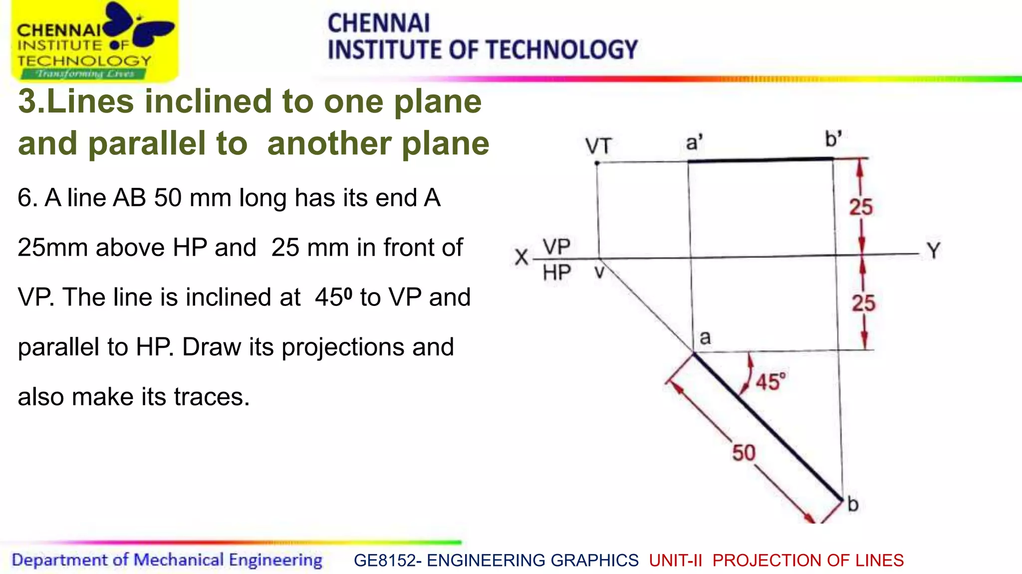 GE8152- ENGINEERING GRAPHICS UNIT-II PROJECTION OF LINES
3.Lines inclined to one plane
and parallel to another plane
6. A line AB 50 mm long has its end A
25mm above HP and 25 mm in front of
VP. The line is inclined at 450 to VP and
parallel to HP. Draw its projections and
also make its traces.
 