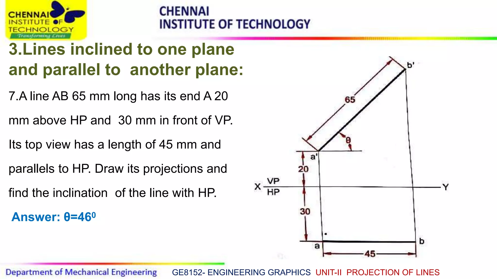 GE8152- ENGINEERING GRAPHICS UNIT-II PROJECTION OF LINES
3.Lines inclined to one plane
and parallel to another plane:
7.A line AB 65 mm long has its end A 20
mm above HP and 30 mm in front of VP.
Its top view has a length of 45 mm and
parallels to HP. Draw its projections and
find the inclination of the line with HP.
Answer: θ=460
 