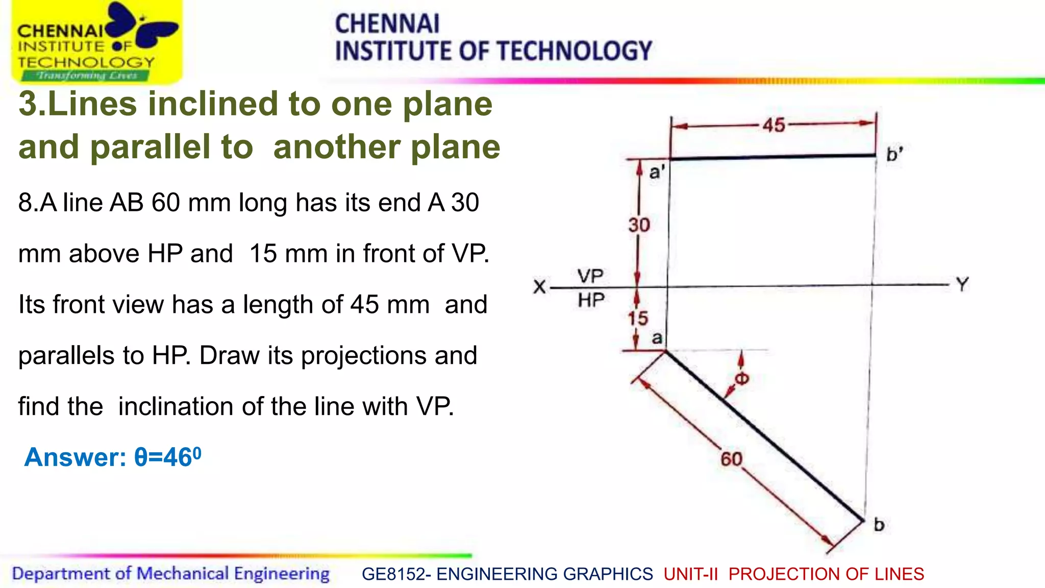 GE8152- ENGINEERING GRAPHICS UNIT-II PROJECTION OF LINES
3.Lines inclined to one plane
and parallel to another plane
8.A line AB 60 mm long has its end A 30
mm above HP and 15 mm in front of VP.
Its front view has a length of 45 mm and
parallels to HP. Draw its projections and
find the inclination of the line with VP.
Answer: θ=460
 