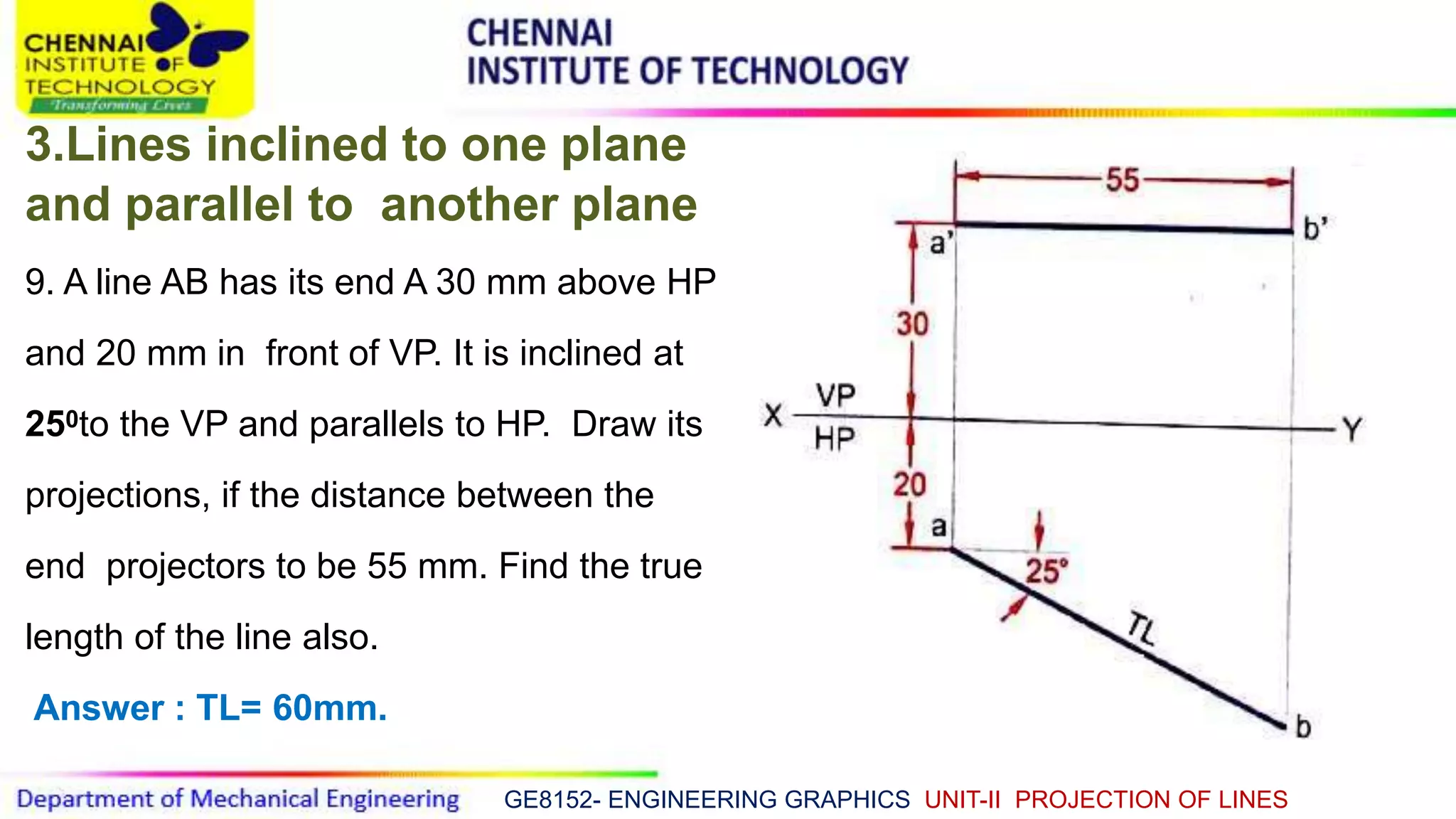 GE8152- ENGINEERING GRAPHICS UNIT-II PROJECTION OF LINES
3.Lines inclined to one plane
and parallel to another plane
9. A line AB has its end A 30 mm above HP
and 20 mm in front of VP. It is inclined at
250to the VP and parallels to HP. Draw its
projections, if the distance between the
end projectors to be 55 mm. Find the true
length of the line also.
Answer : TL= 60mm.
 