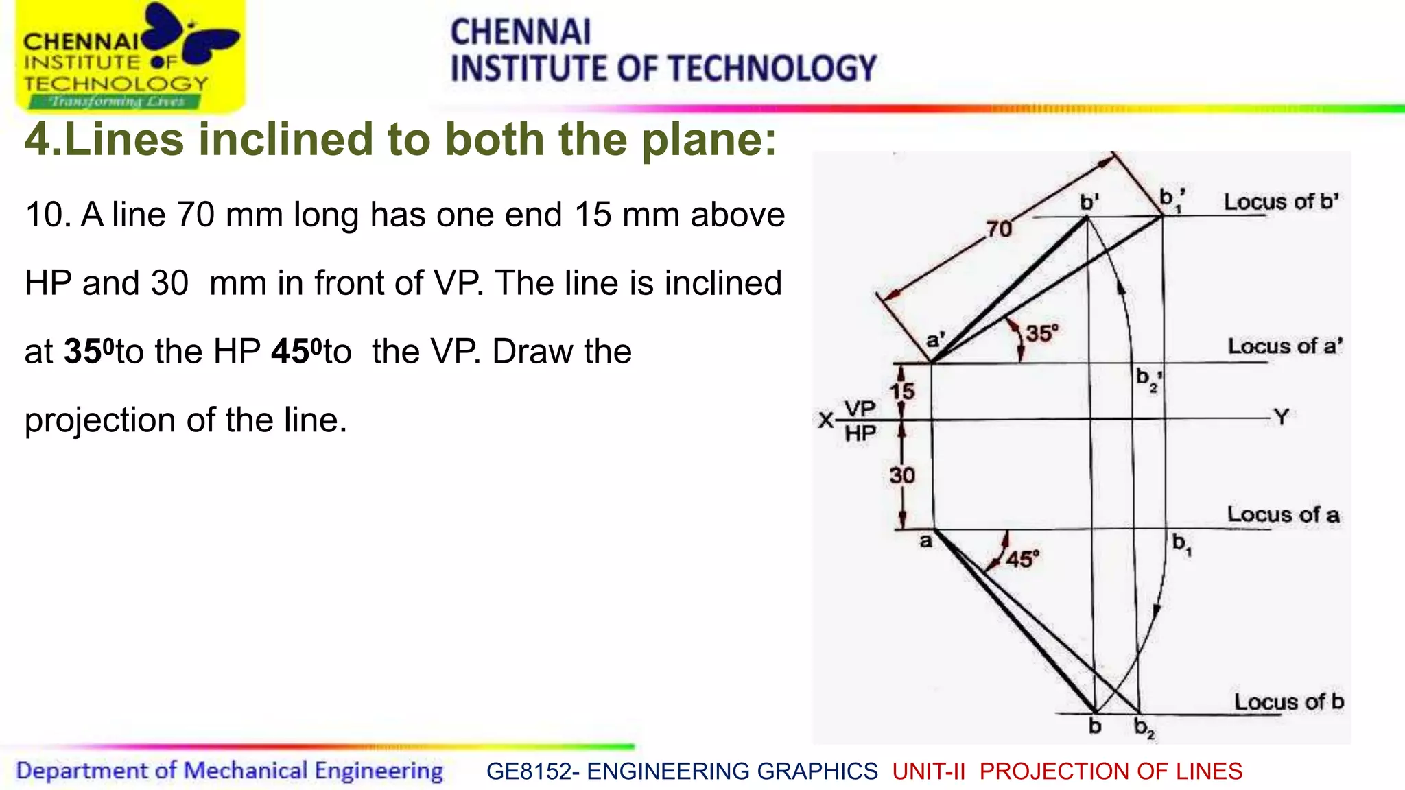 GE8152- ENGINEERING GRAPHICS UNIT-II PROJECTION OF LINES
4.Lines inclined to both the plane:
10. A line 70 mm long has one end 15 mm above
HP and 30 mm in front of VP. The line is inclined
at 350to the HP 450to the VP. Draw the
projection of the line.
 