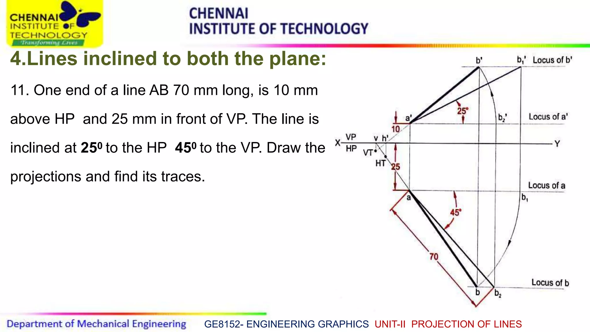 GE8152- ENGINEERING GRAPHICS UNIT-II PROJECTION OF LINES
4.Lines inclined to both the plane:
11. One end of a line AB 70 mm long, is 10 mm
above HP and 25 mm in front of VP. The line is
inclined at 250 to the HP 450 to the VP. Draw the
projections and find its traces.
 