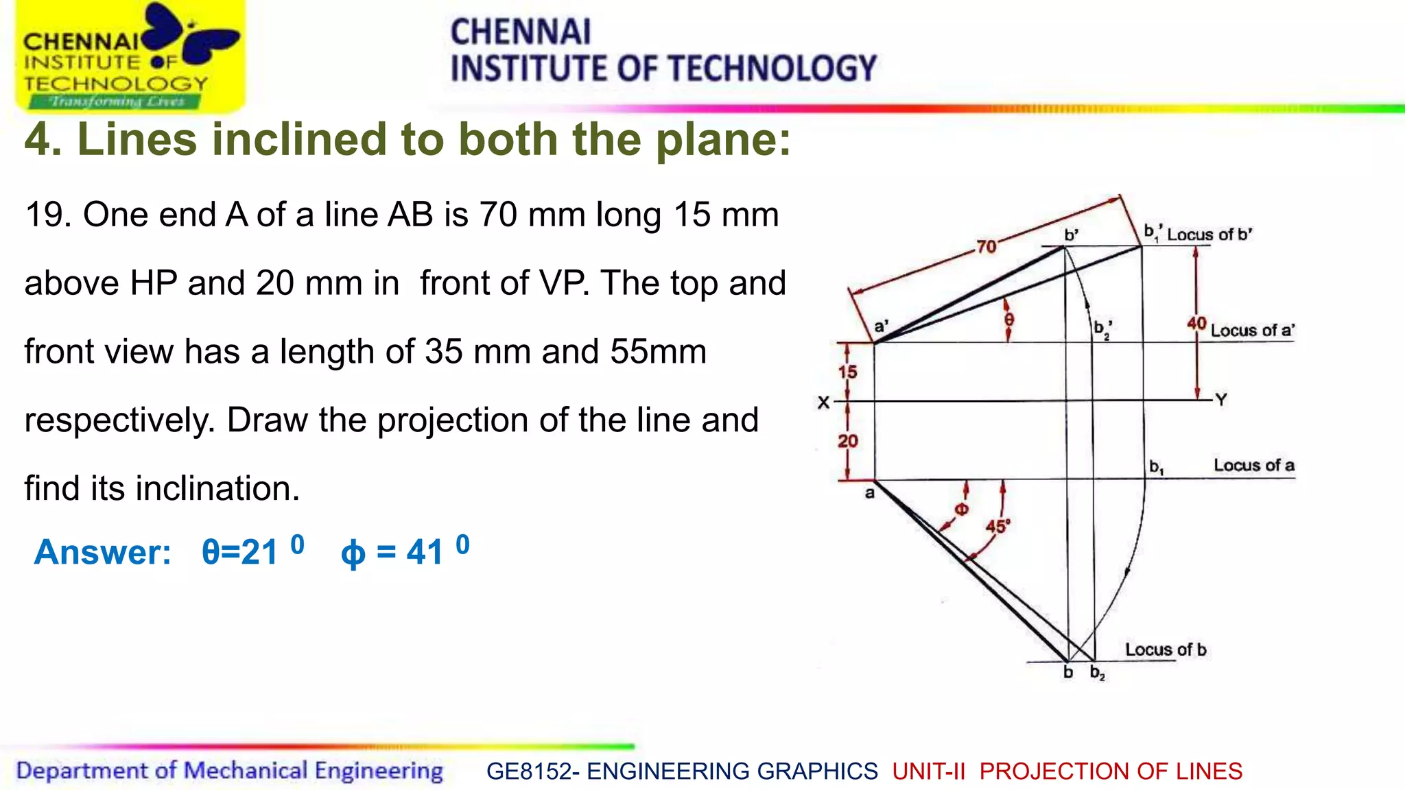 GE8152- ENGINEERING GRAPHICS UNIT-II PROJECTION OF LINES
4. Lines inclined to both the plane:
19. One end A of a line AB is 70 mm long 15 mm
above HP and 20 mm in front of VP. The top and
front view has a length of 35 mm and 55mm
respectively. Draw the projection of the line and
find its inclination.
Answer: θ=21 0 ϕ = 41 0
 