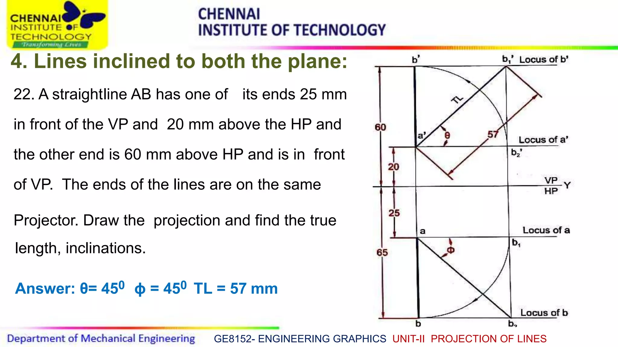 GE8152- ENGINEERING GRAPHICS UNIT-II PROJECTION OF LINES
4. Lines inclined to both the plane:
22. A straightline AB has one of its ends 25 mm
in front of the VP and 20 mm above the HP and
the other end is 60 mm above HP and is in front
of VP. The ends of the lines are on the same
Projector. Draw the projection and find the true
length, inclinations.
Answer: θ= 450 ϕ = 450 TL = 57 mm
 