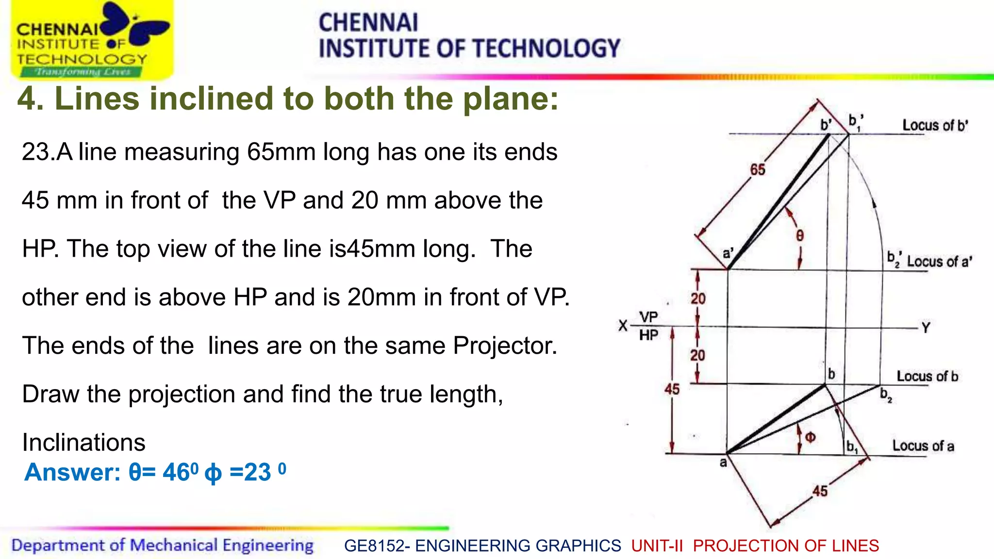 GE8152- ENGINEERING GRAPHICS UNIT-II PROJECTION OF LINES
4. Lines inclined to both the plane:
23.A line measuring 65mm long has one its ends
45 mm in front of the VP and 20 mm above the
HP. The top view of the line is45mm long. The
other end is above HP and is 20mm in front of VP.
The ends of the lines are on the same Projector.
Draw the projection and find the true length,
Inclinations
Answer: θ= 460 ϕ =23 0
 