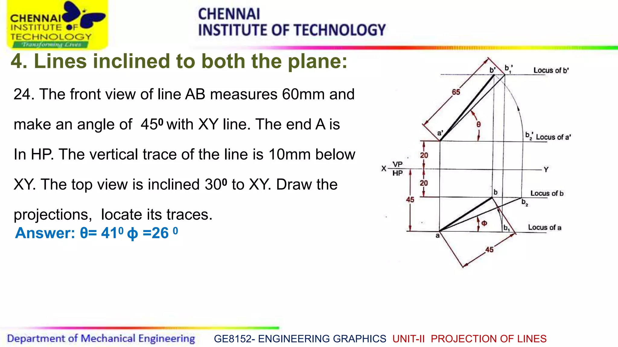 GE8152- ENGINEERING GRAPHICS UNIT-II PROJECTION OF LINES
4. Lines inclined to both the plane:
24. The front view of line AB measures 60mm and
make an angle of 450 with XY line. The end A is
In HP. The vertical trace of the line is 10mm below
XY. The top view is inclined 300 to XY. Draw the
projections, locate its traces.
Answer: θ= 410 ϕ =26 0
 