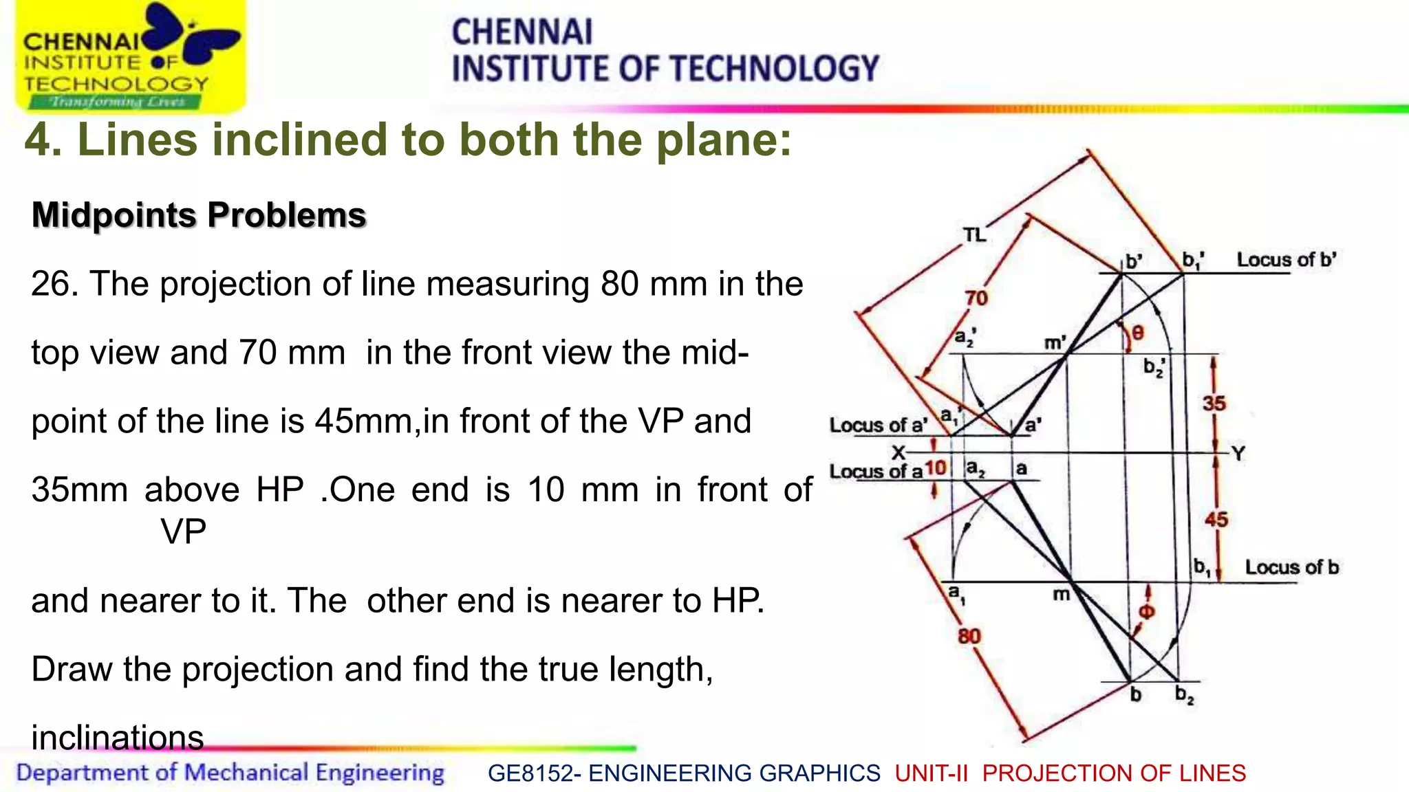 GE8152- ENGINEERING GRAPHICS UNIT-II PROJECTION OF LINES
4. Lines inclined to both the plane:
Midpoints Problems
26. The projection of line measuring 80 mm in the
top view and 70 mm in the front view the mid-
point of the line is 45mm,in front of the VP and
35mm above HP .One end is 10 mm in front of
VP
and nearer to it. The other end is nearer to HP.
Draw the projection and find the true length,
inclinations
 