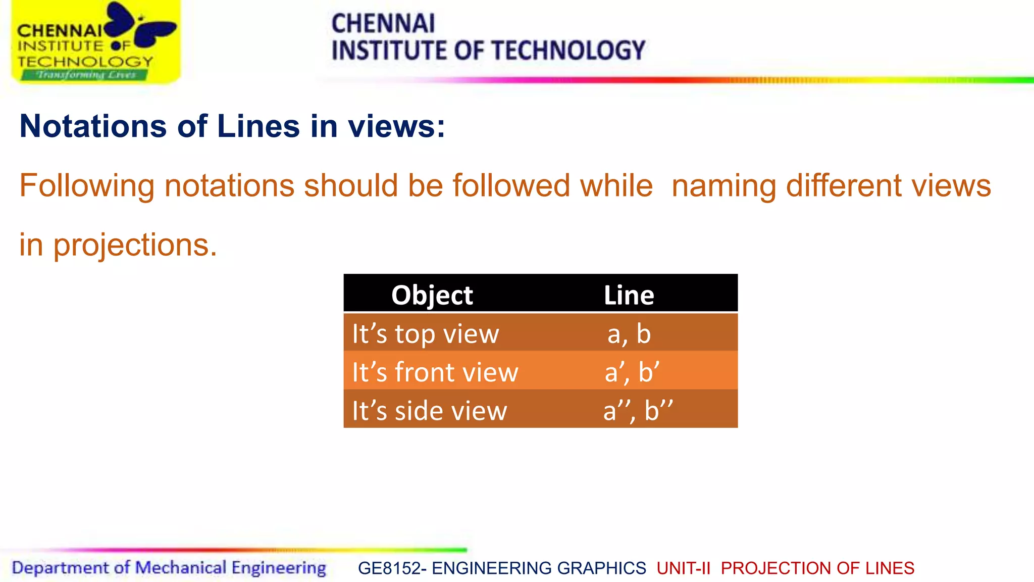 GE8152- ENGINEERING GRAPHICS UNIT-II PROJECTION OF LINES
Notations of Lines in views:
Following notations should be followed while naming different views
in projections.
Object Line
It’s top view a, b
It’s front view a’, b’
It’s side view a’’, b’’
 