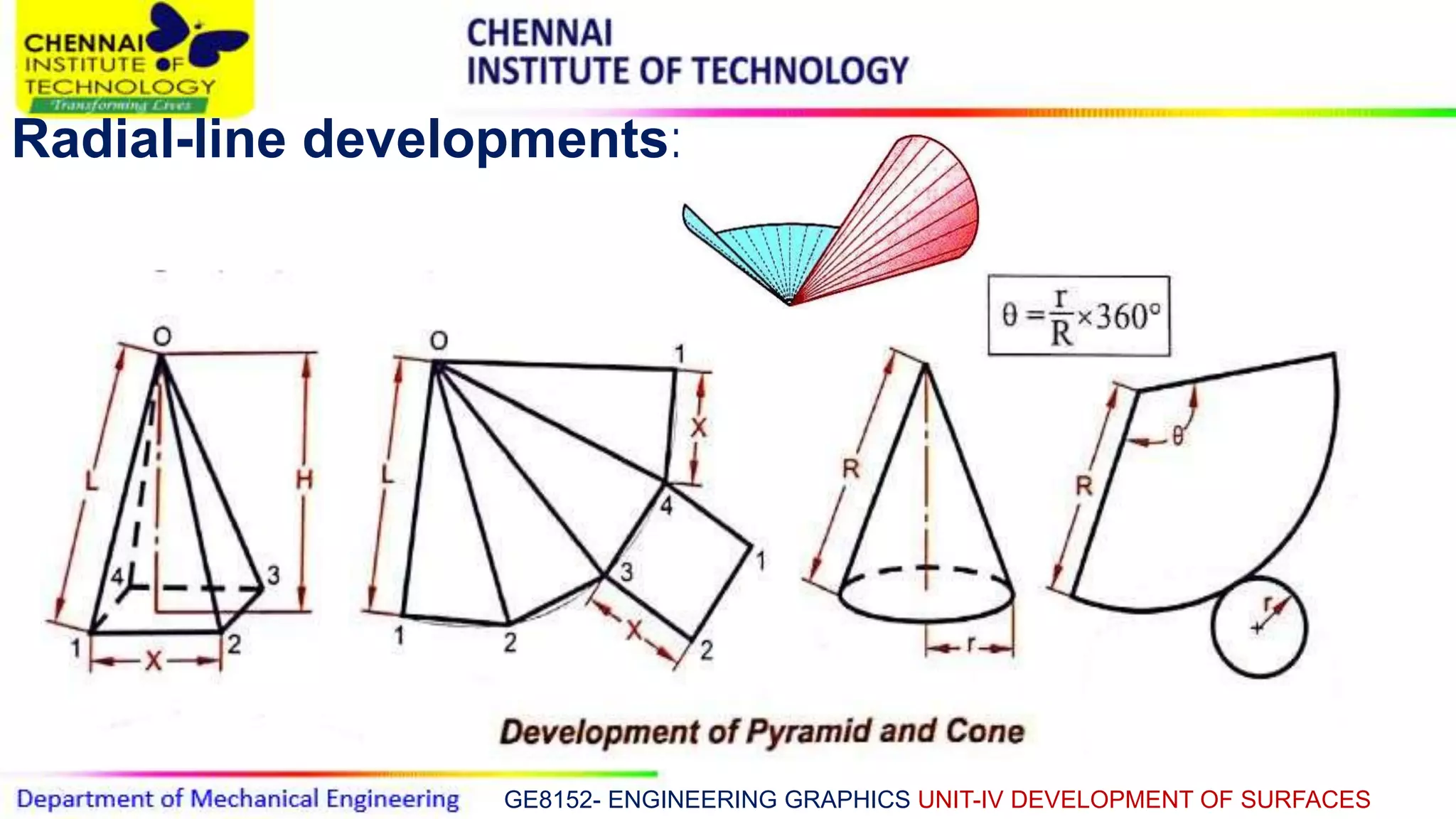 GE8152- ENGINEERING GRAPHICS UNIT-IV DEVELOPMENT OF SURFACES
Radial-line developments:
 