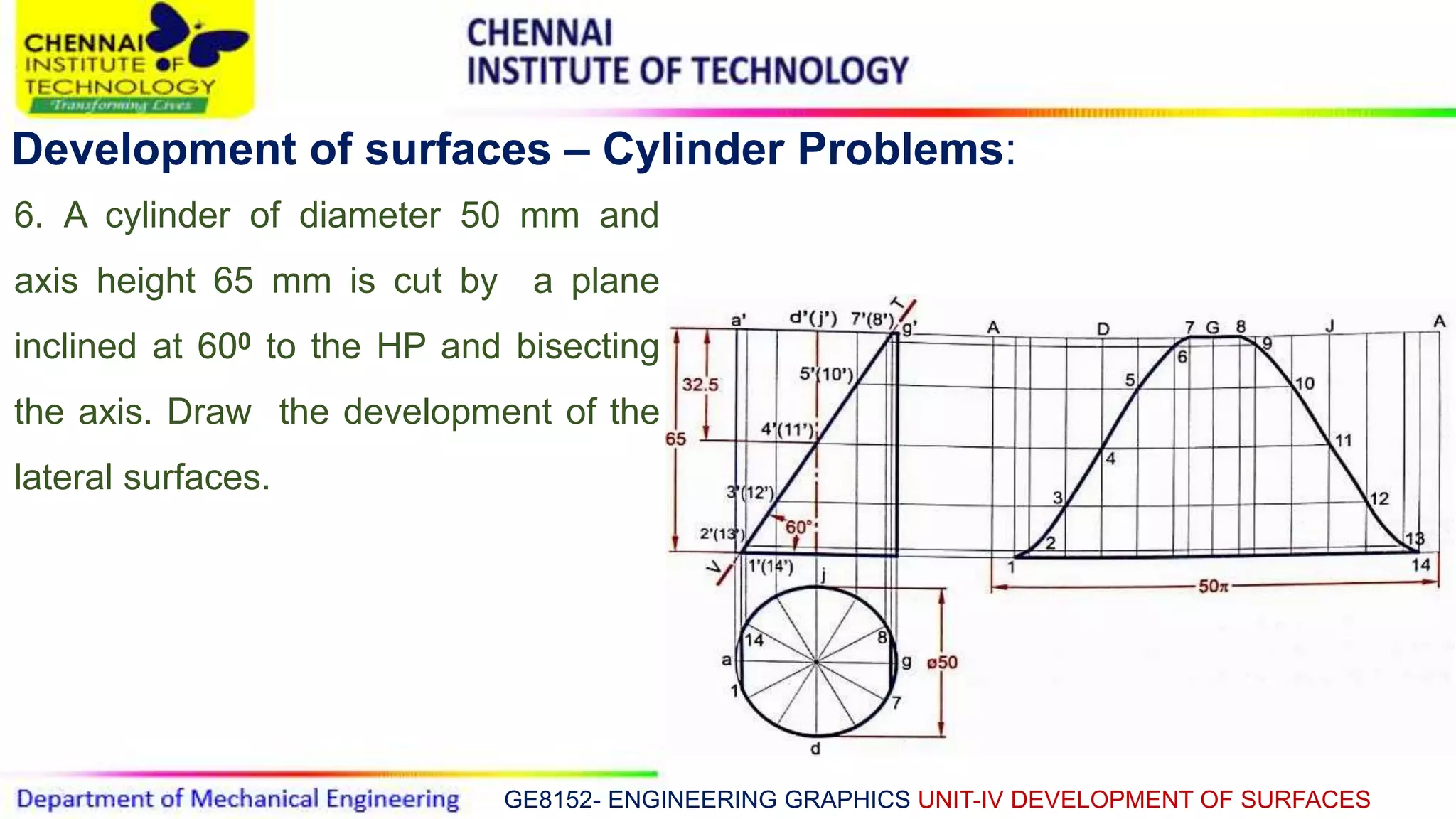 GE8152- ENGINEERING GRAPHICS UNIT-IV DEVELOPMENT OF SURFACES
Development of surfaces – Cylinder Problems:
6. A cylinder of diameter 50 mm and
axis height 65 mm is cut by a plane
inclined at 600 to the HP and bisecting
the axis. Draw the development of the
lateral surfaces.
 
