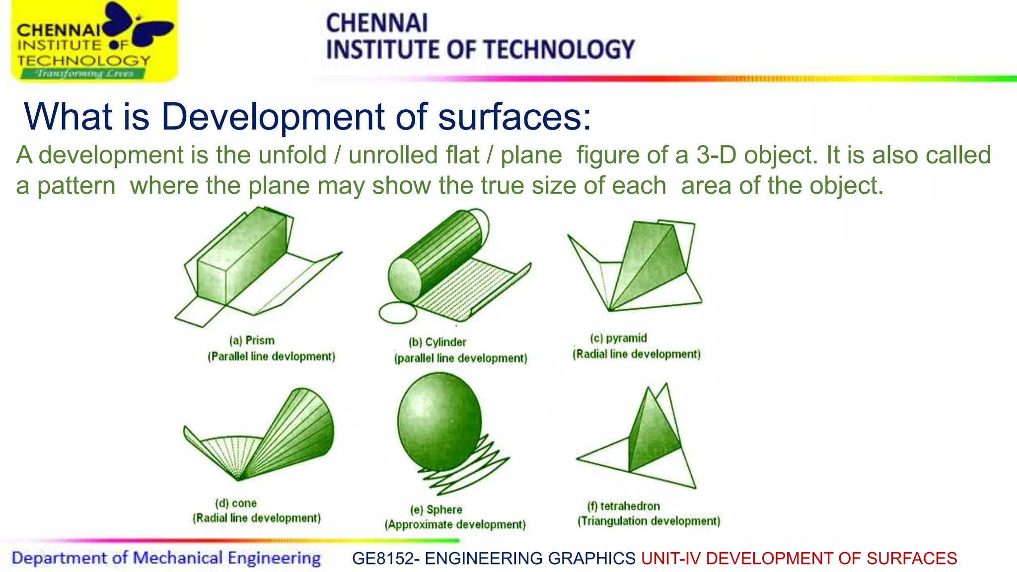 GE8152- ENGINEERING GRAPHICS UNIT-IV DEVELOPMENT OF SURFACES
What is Development of surfaces:
A development is the unfold / unrolled flat / plane figure of a 3-D object. It is also called
a pattern where the plane may show the true size of each area of the object.
 