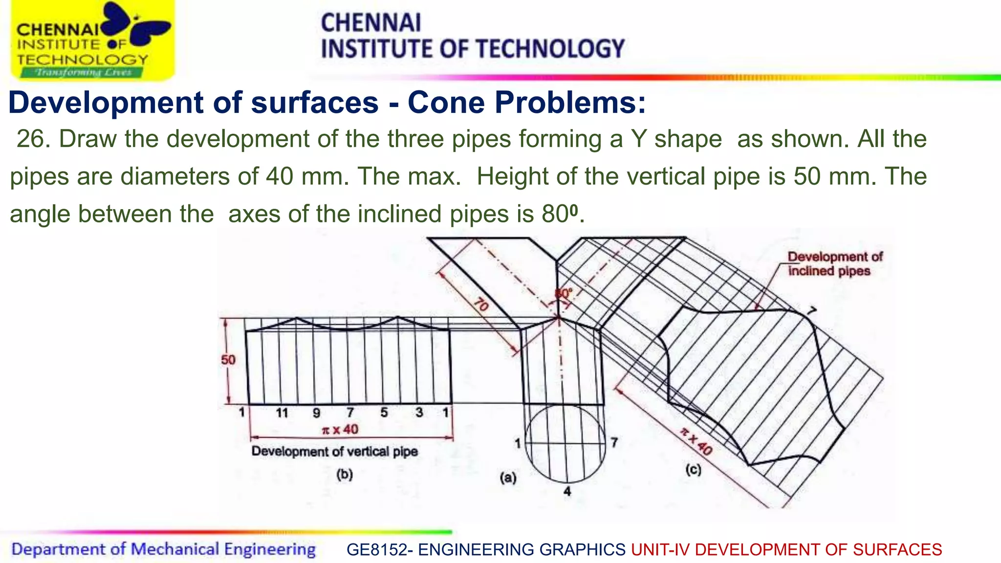 GE8152- ENGINEERING GRAPHICS UNIT-IV DEVELOPMENT OF SURFACES
Development of surfaces - Cone Problems:
26. Draw the development of the three pipes forming a Y shape as shown. All the
pipes are diameters of 40 mm. The max. Height of the vertical pipe is 50 mm. The
angle between the axes of the inclined pipes is 800.
 